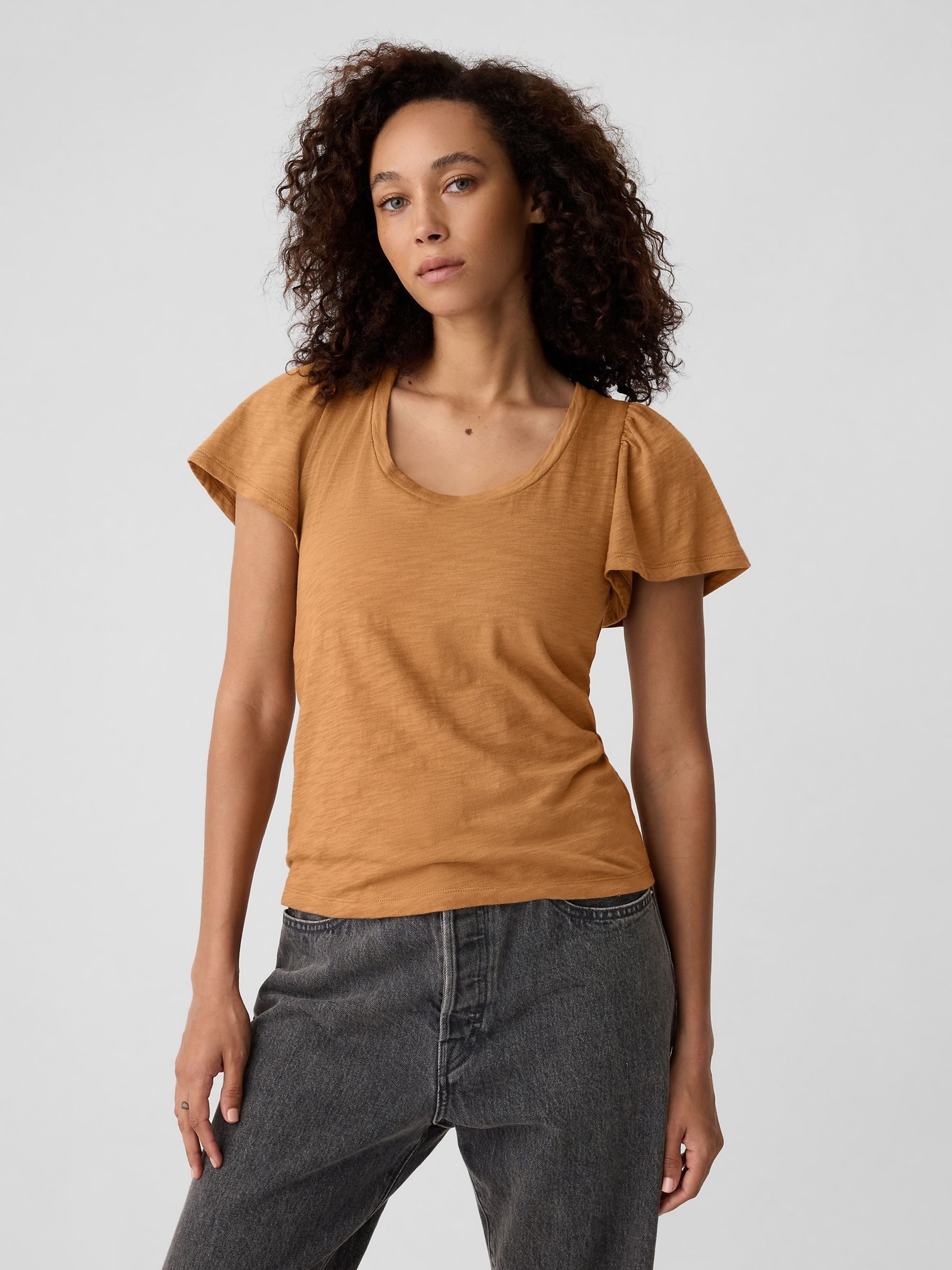 Brown Cotton Flutter Short Sleeve T-Shirt - Image 1 of 5