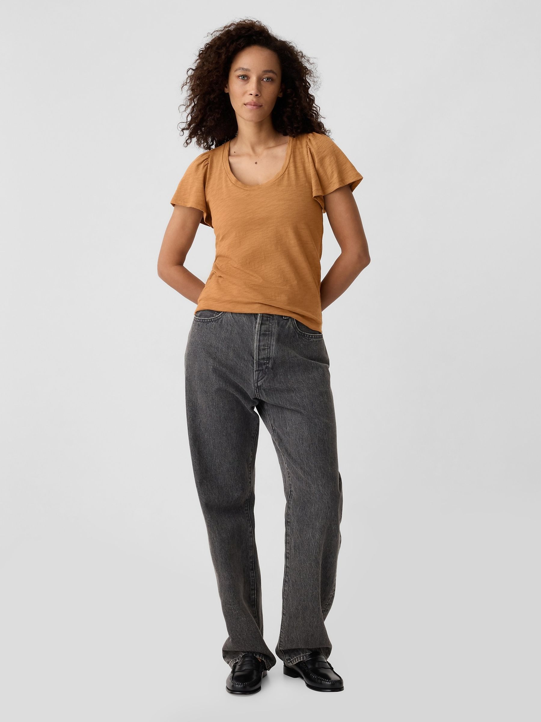 Brown Cotton Flutter Short Sleeve T-Shirt - Image 3 of 5