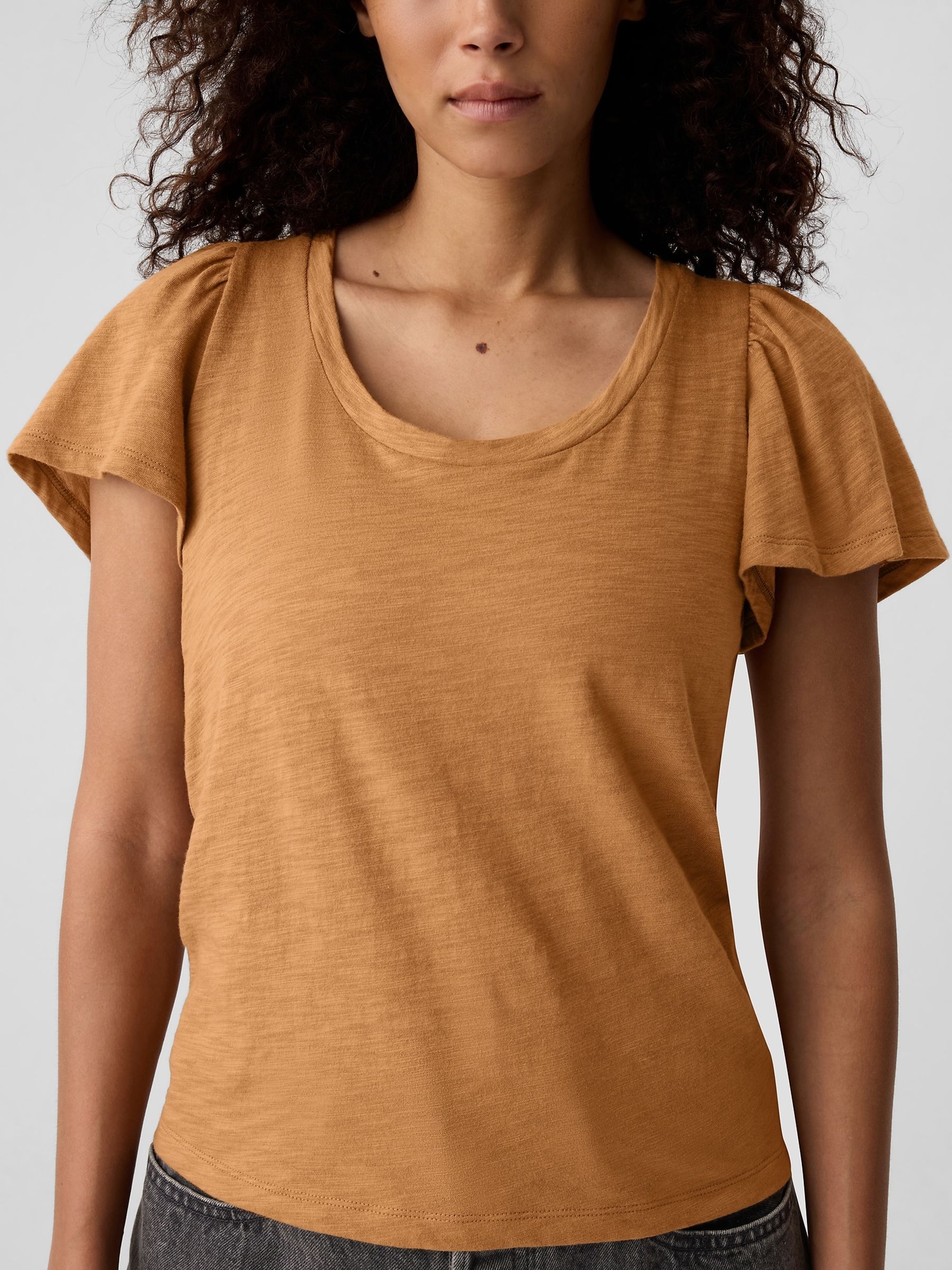Brown Cotton Flutter Short Sleeve T-Shirt - Image 4 of 5