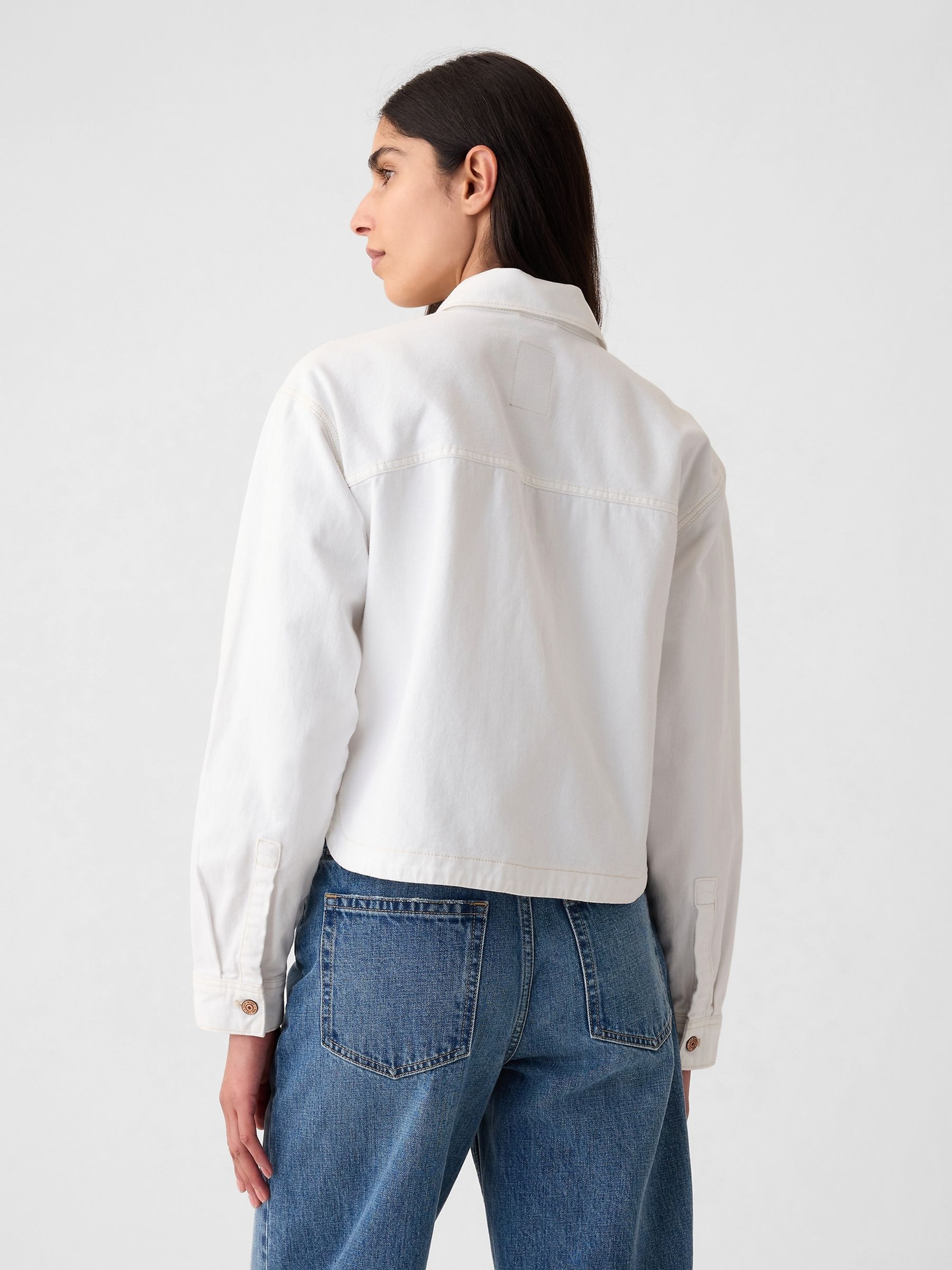 White Cropped Denim Shirt Jacket - Image 2 of 5