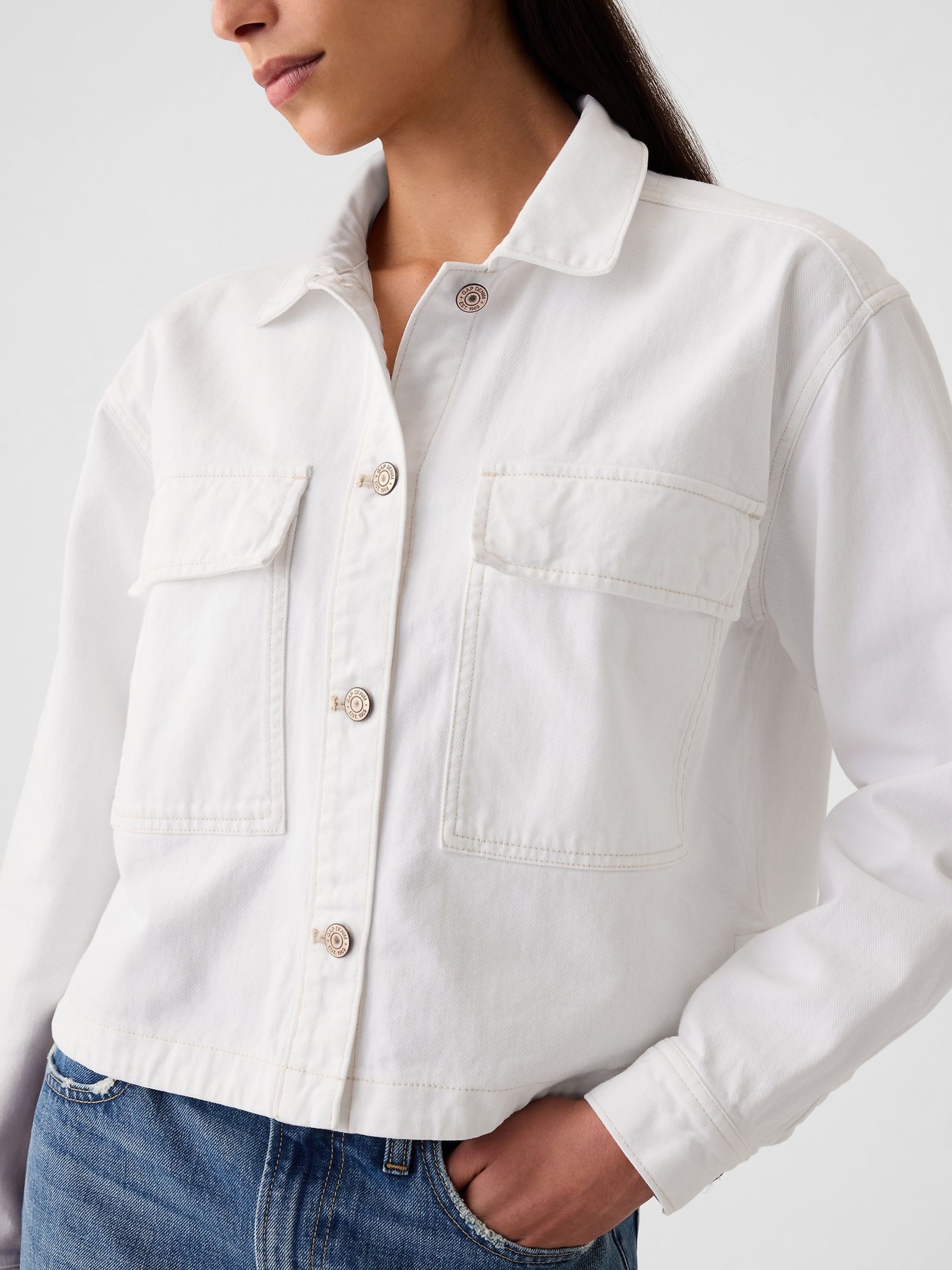 White Cropped Denim Shirt Jacket - Image 3 of 5