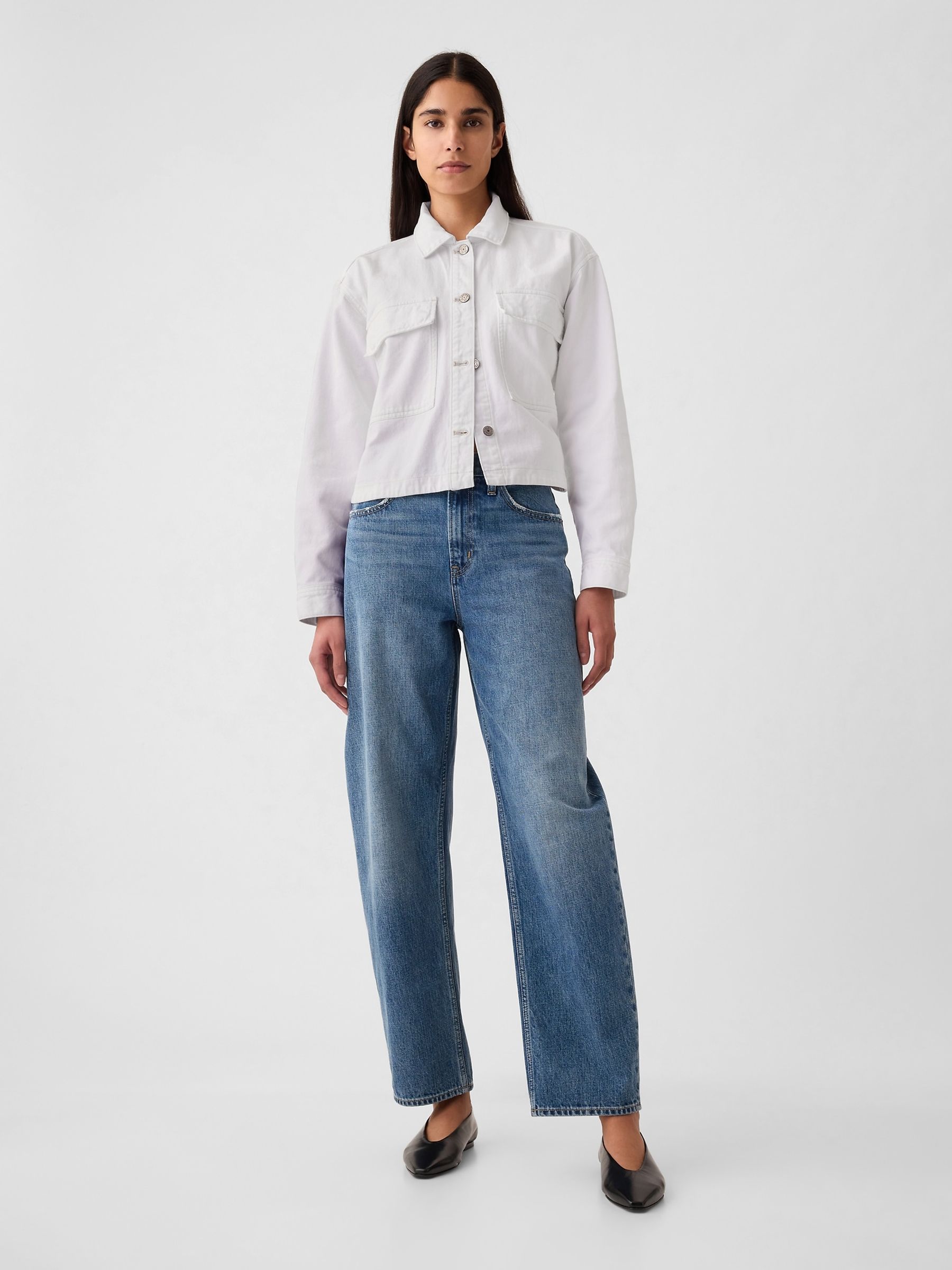 White Cropped Denim Shirt Jacket - Image 4 of 5