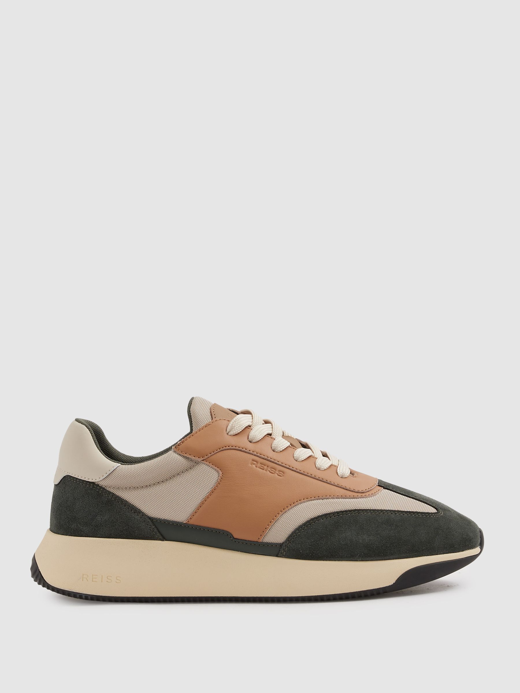 Leather Suede Running Trainers in Green/Camel - Image 1 of 5