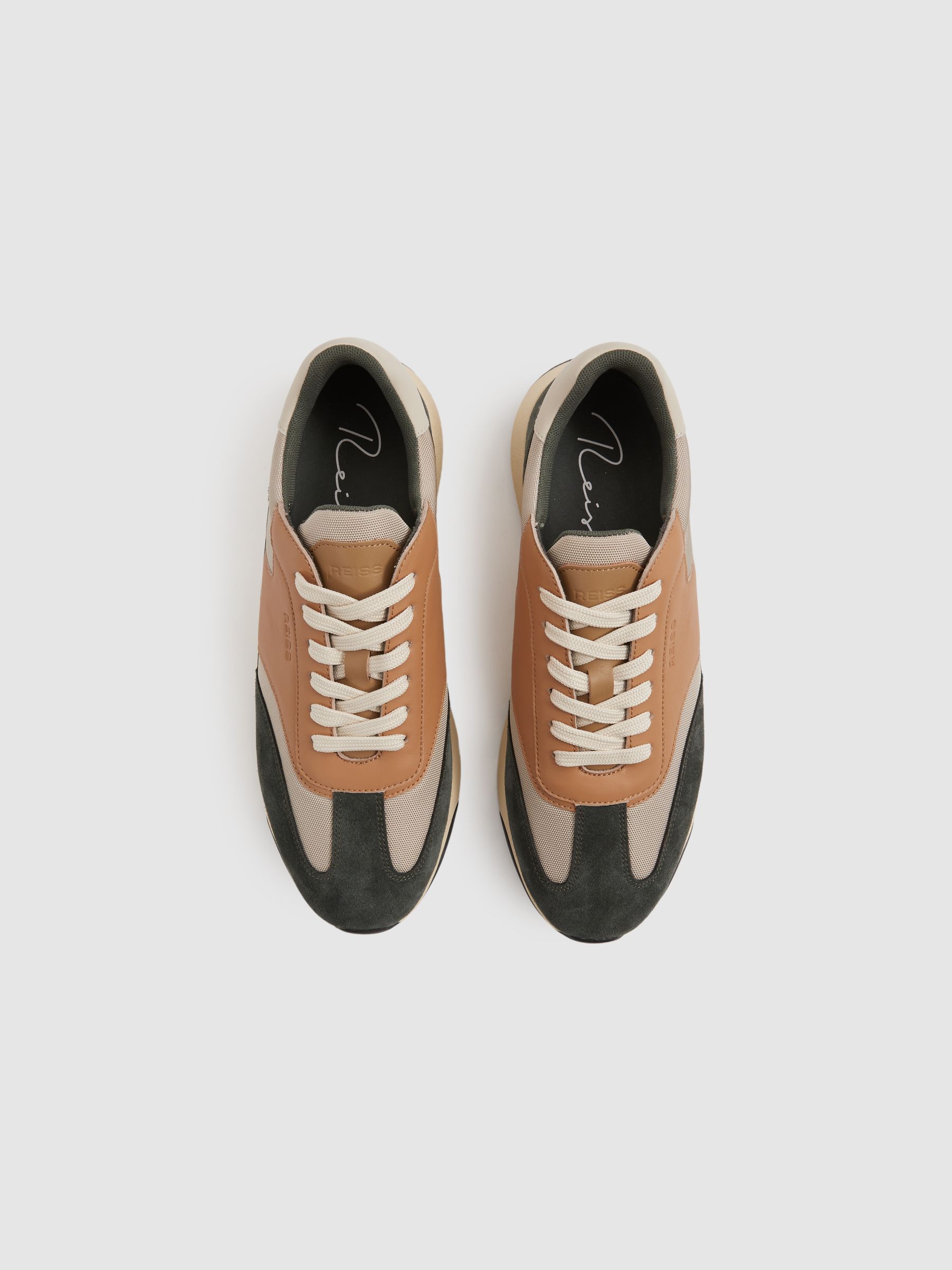 Leather Suede Running Trainers in Green/Camel - Image 3 of 5