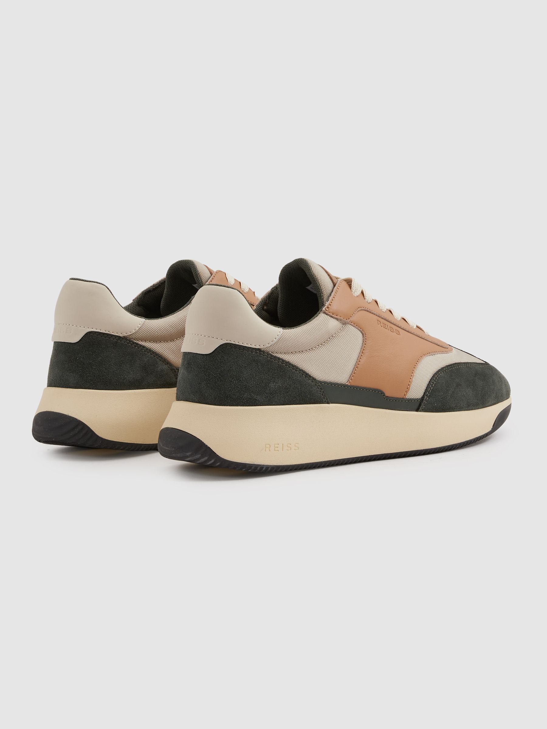 Leather Suede Running Trainers in Green/Camel - Image 4 of 5