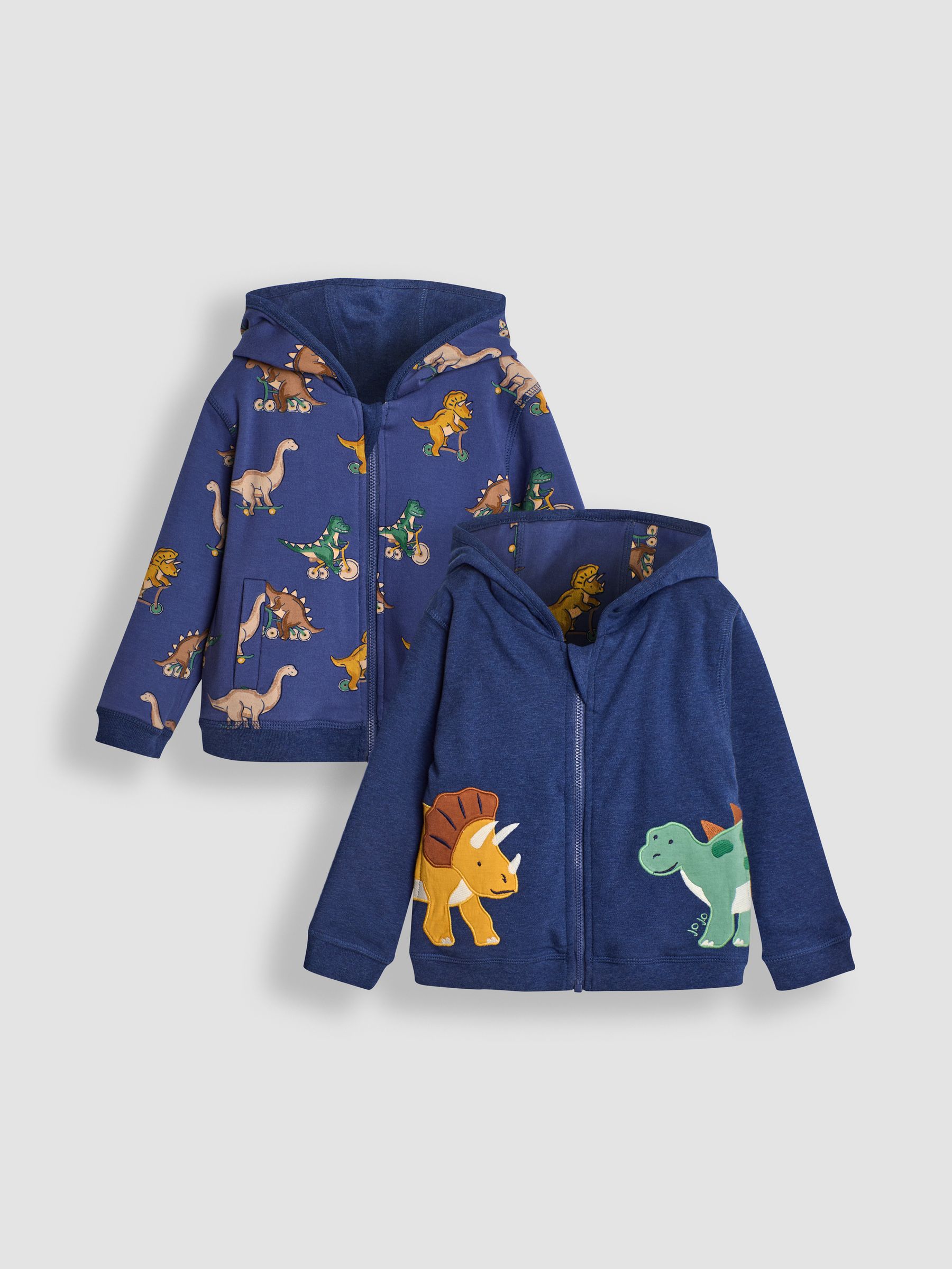 Indigo Blue Dinosaur Appliqué Reversible Hoodie | JoJo Maman Bébé USA