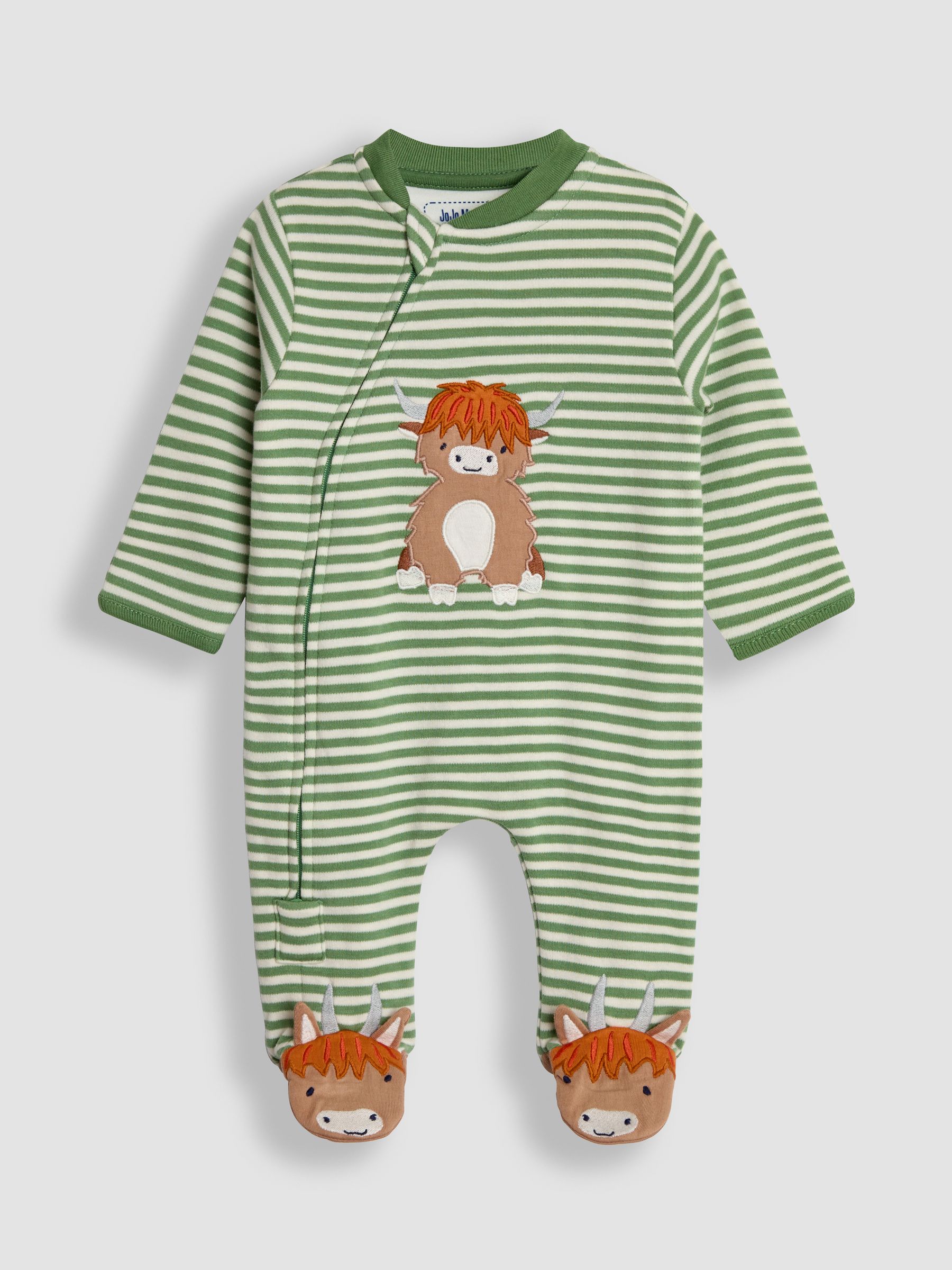 Green Highland Cow Farmyard Appliqué Zip Sleepsuit JoJo Maman Bébé