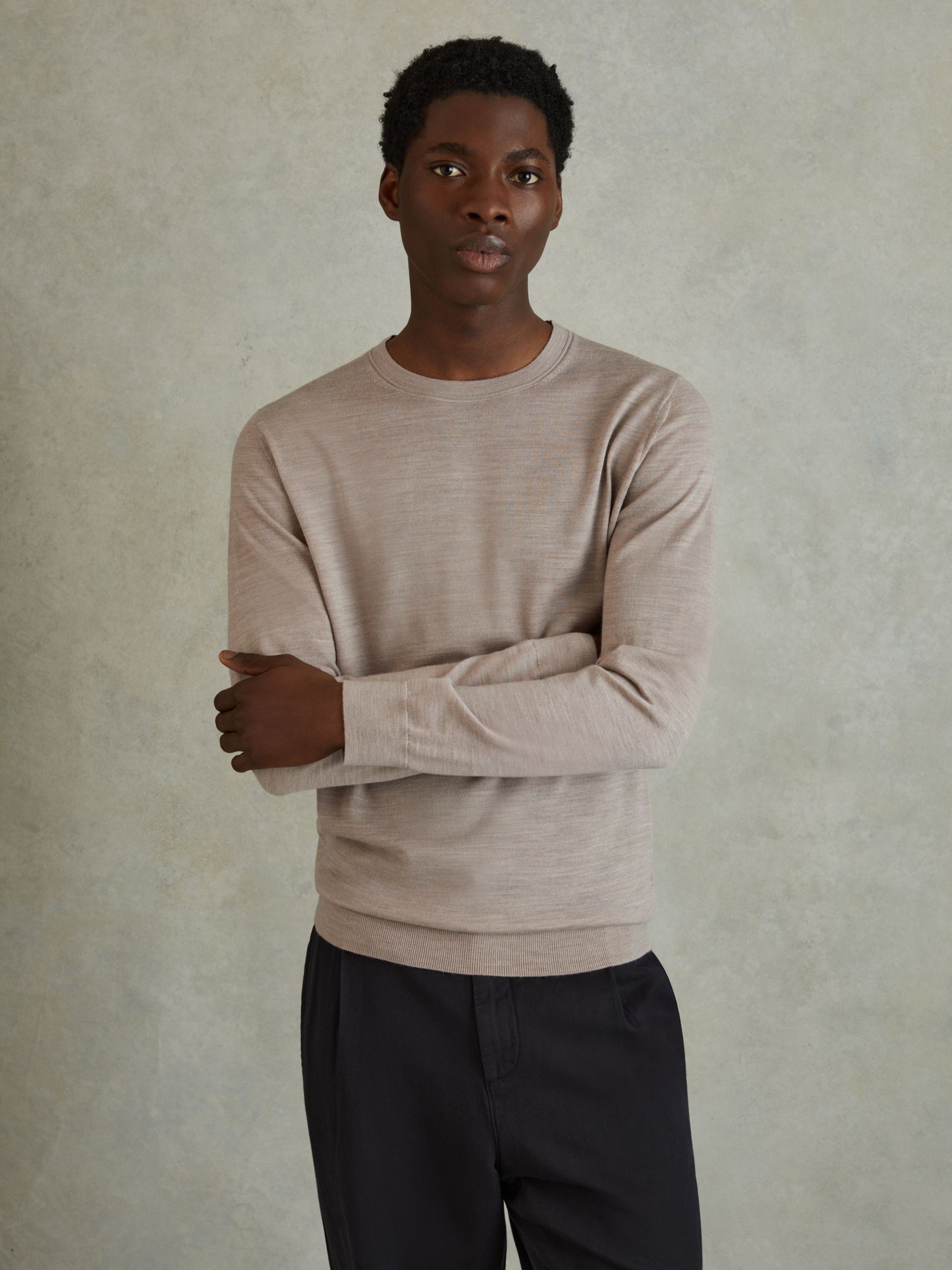Merino Wool Crew Neck Jumper in Wheat Melange - Image 1 of 6