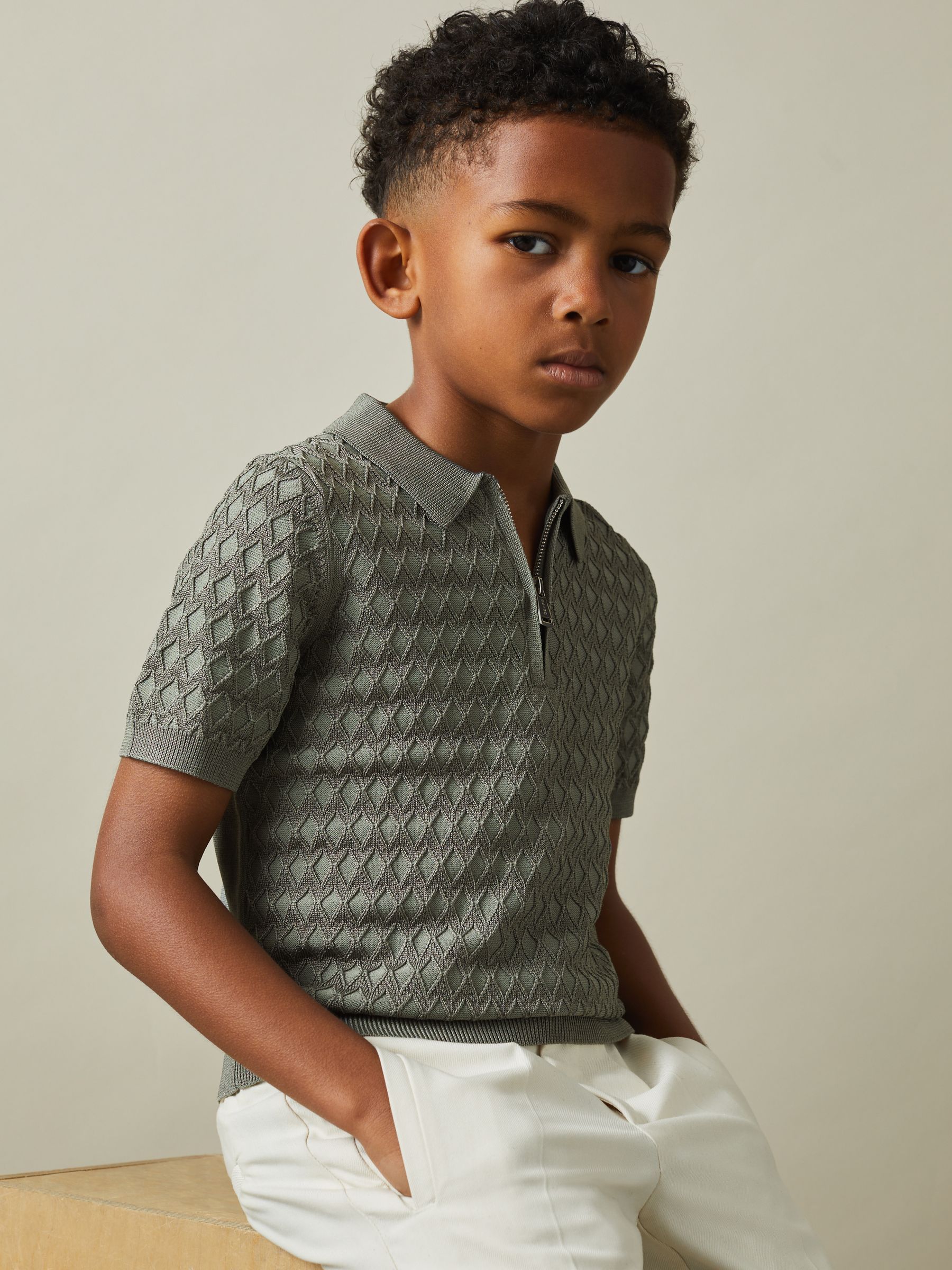 3-9 yrs Half Zip Knitted Polo Shirt in Sage - Image 1 of 4