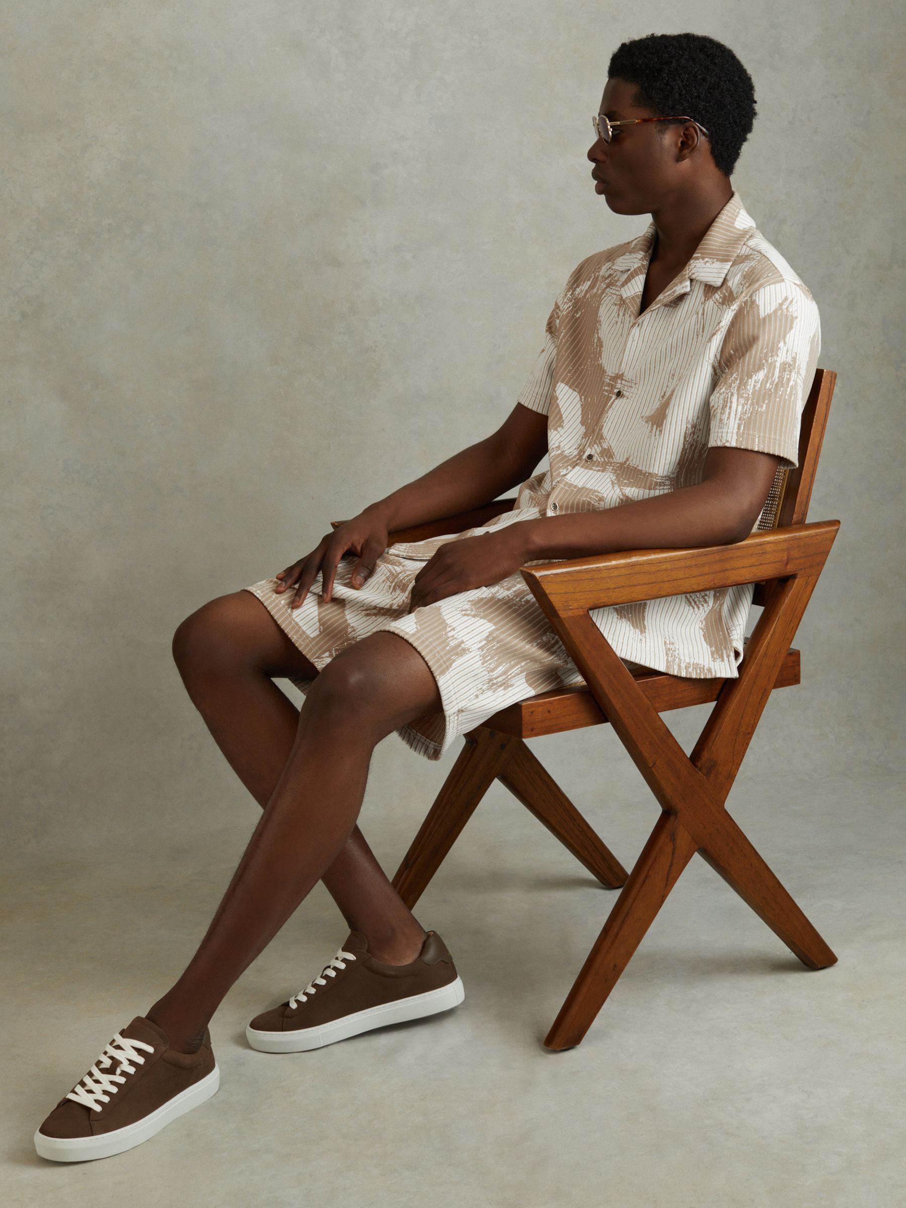 Brushstroke Print Drawstring Shorts in Sand/White - Image 1 of 6
