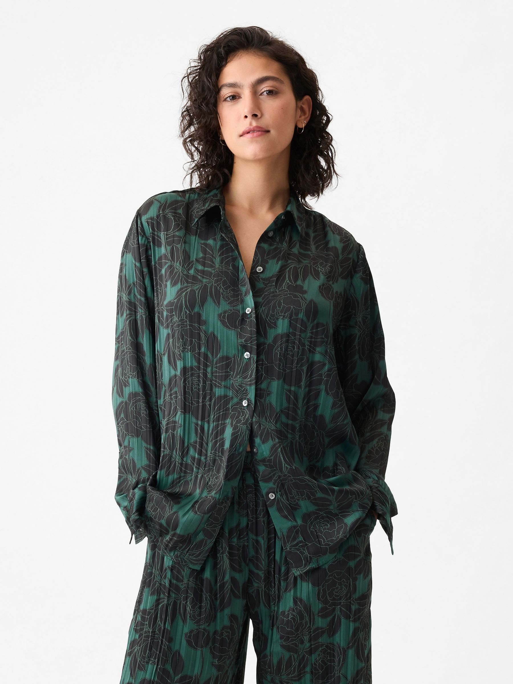 Green Pleated Satin Oversized Shirt - Image 1 of 5