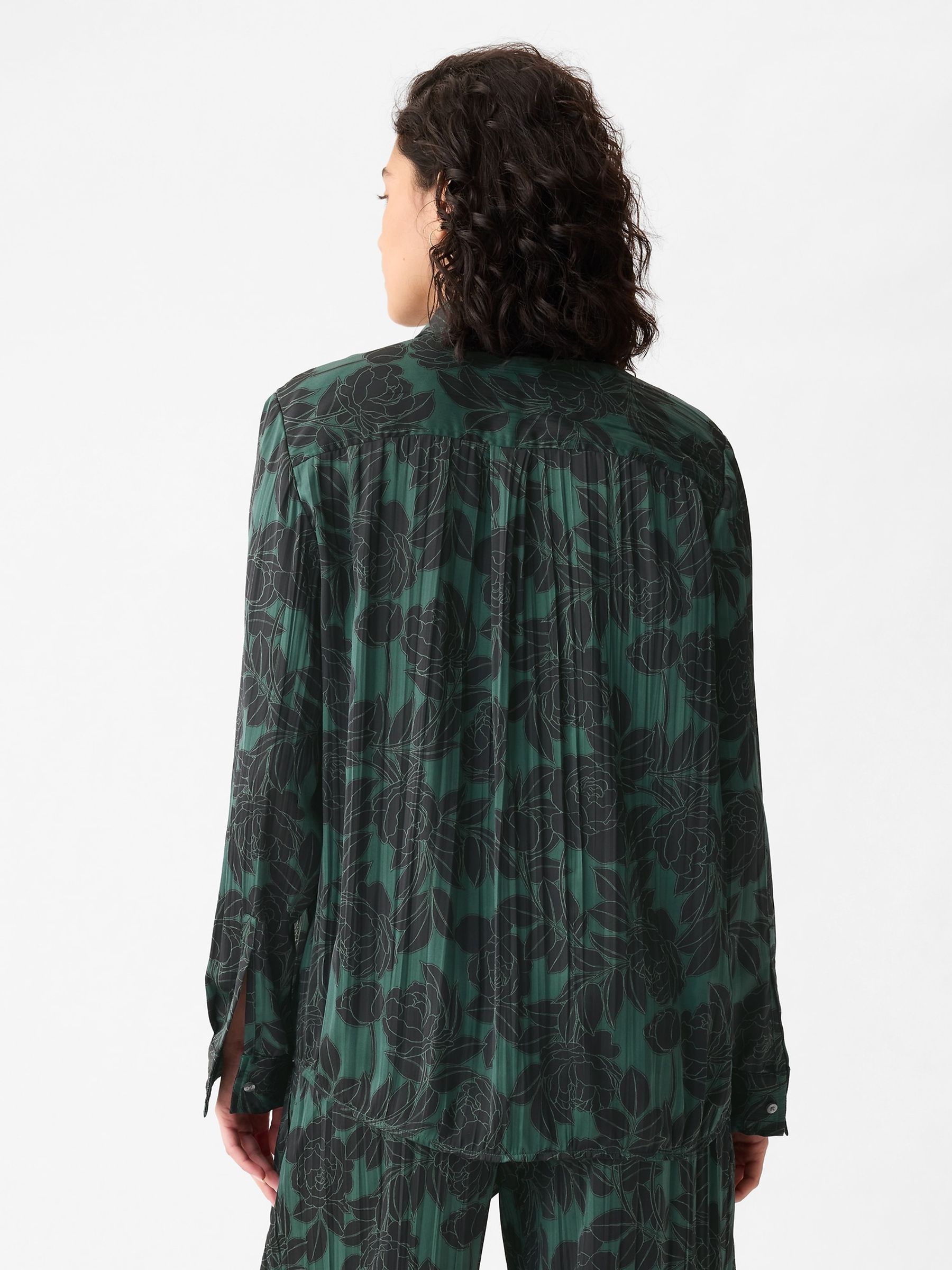 Green Pleated Satin Oversized Shirt - Image 2 of 5