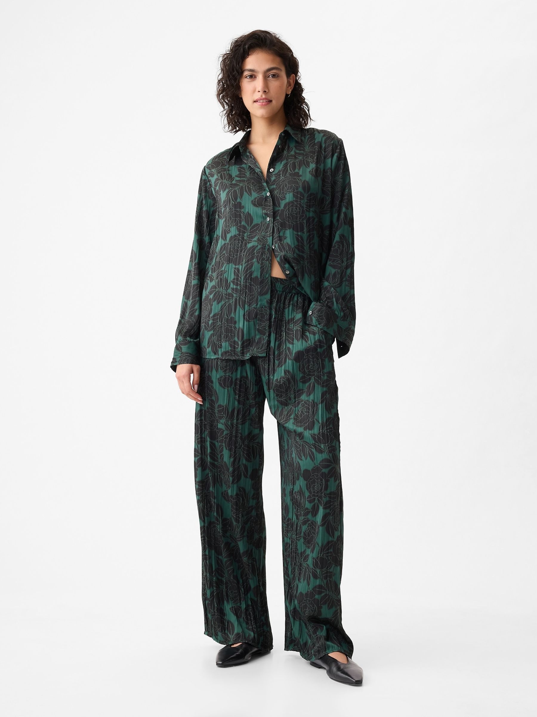 Green Pleated Satin Oversized Shirt - Image 3 of 5