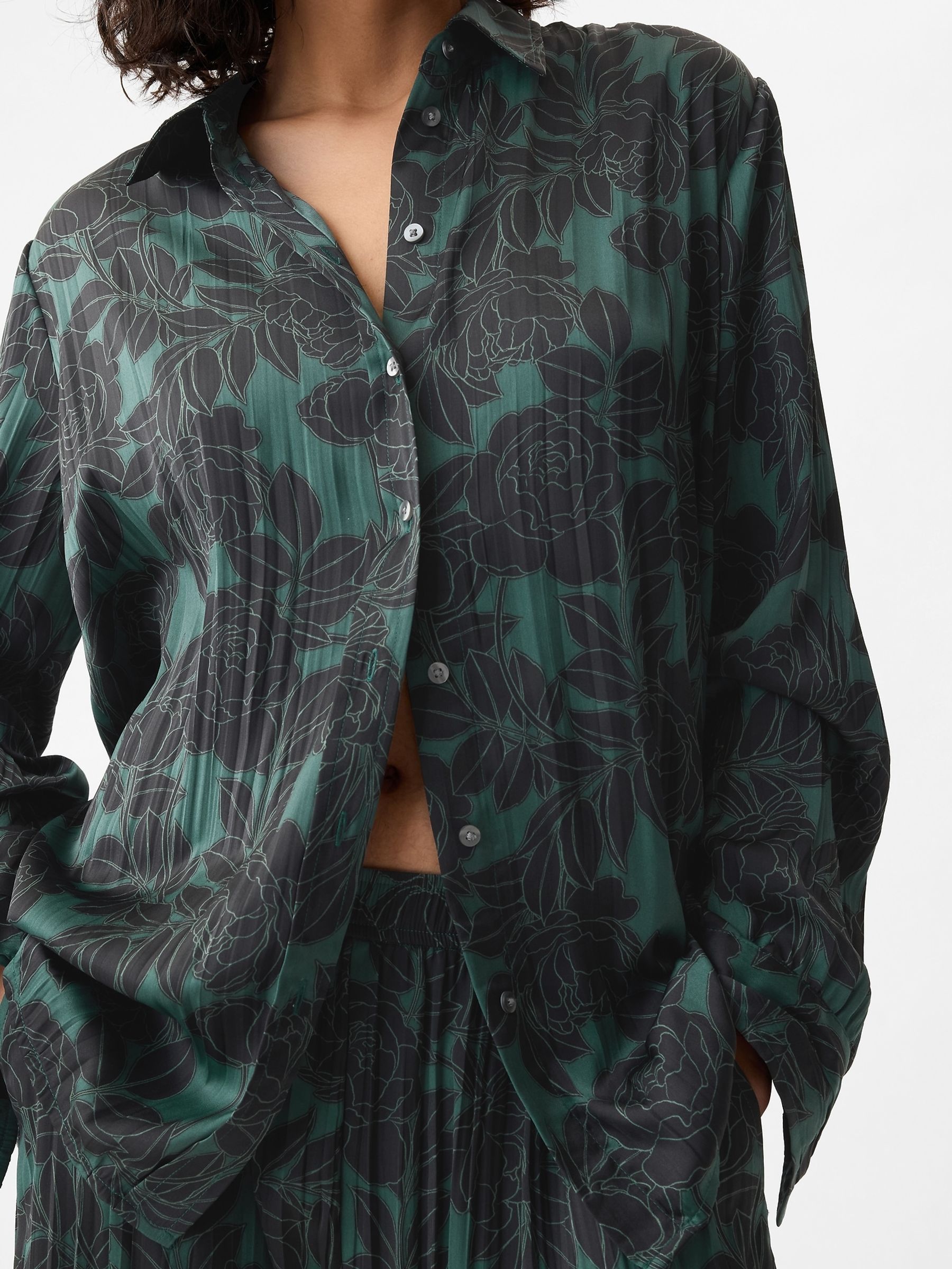 Green Pleated Satin Oversized Shirt - Image 4 of 5