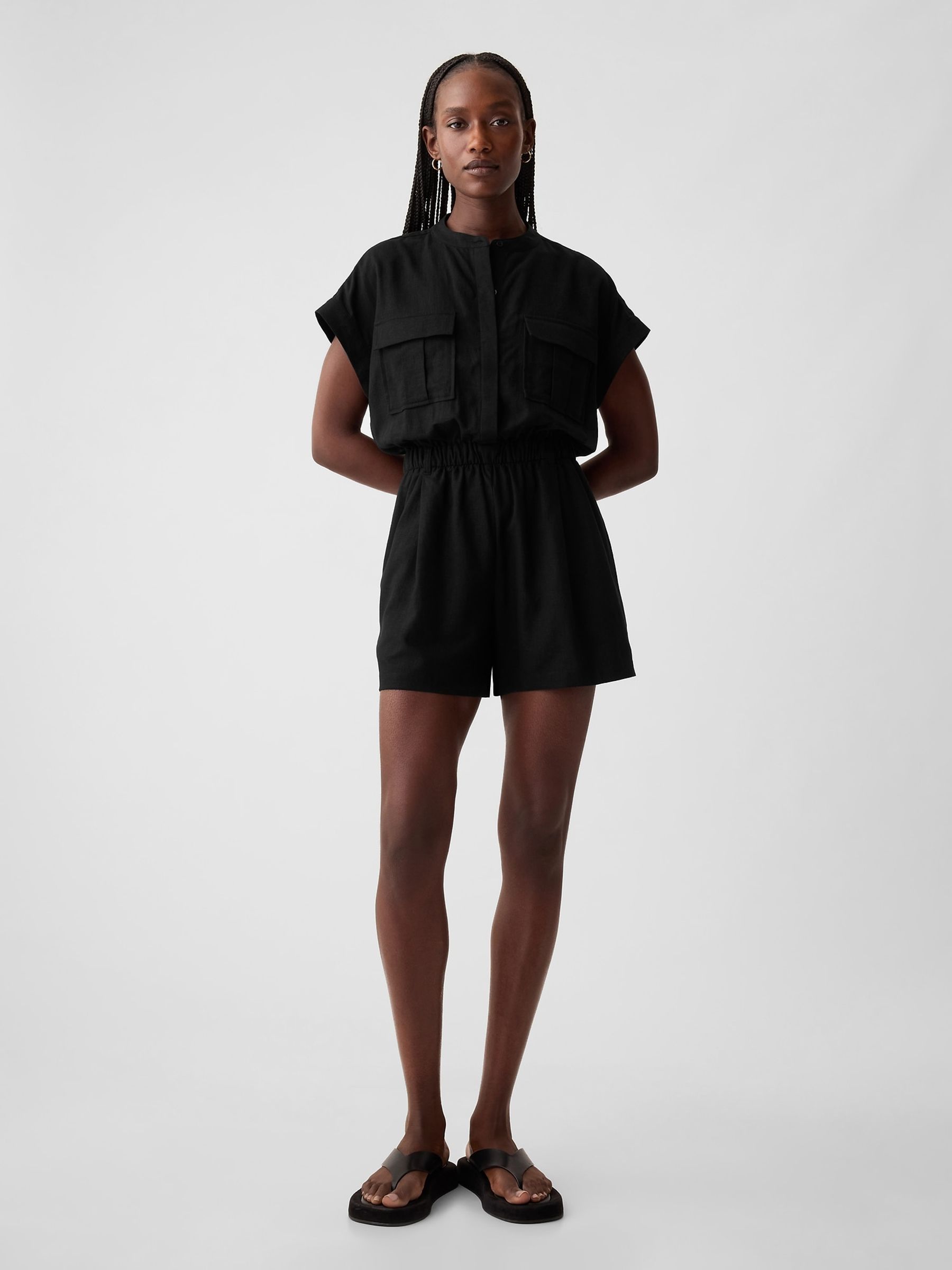 Black Linen Blend Utility Playsuit - Image 2 of 4