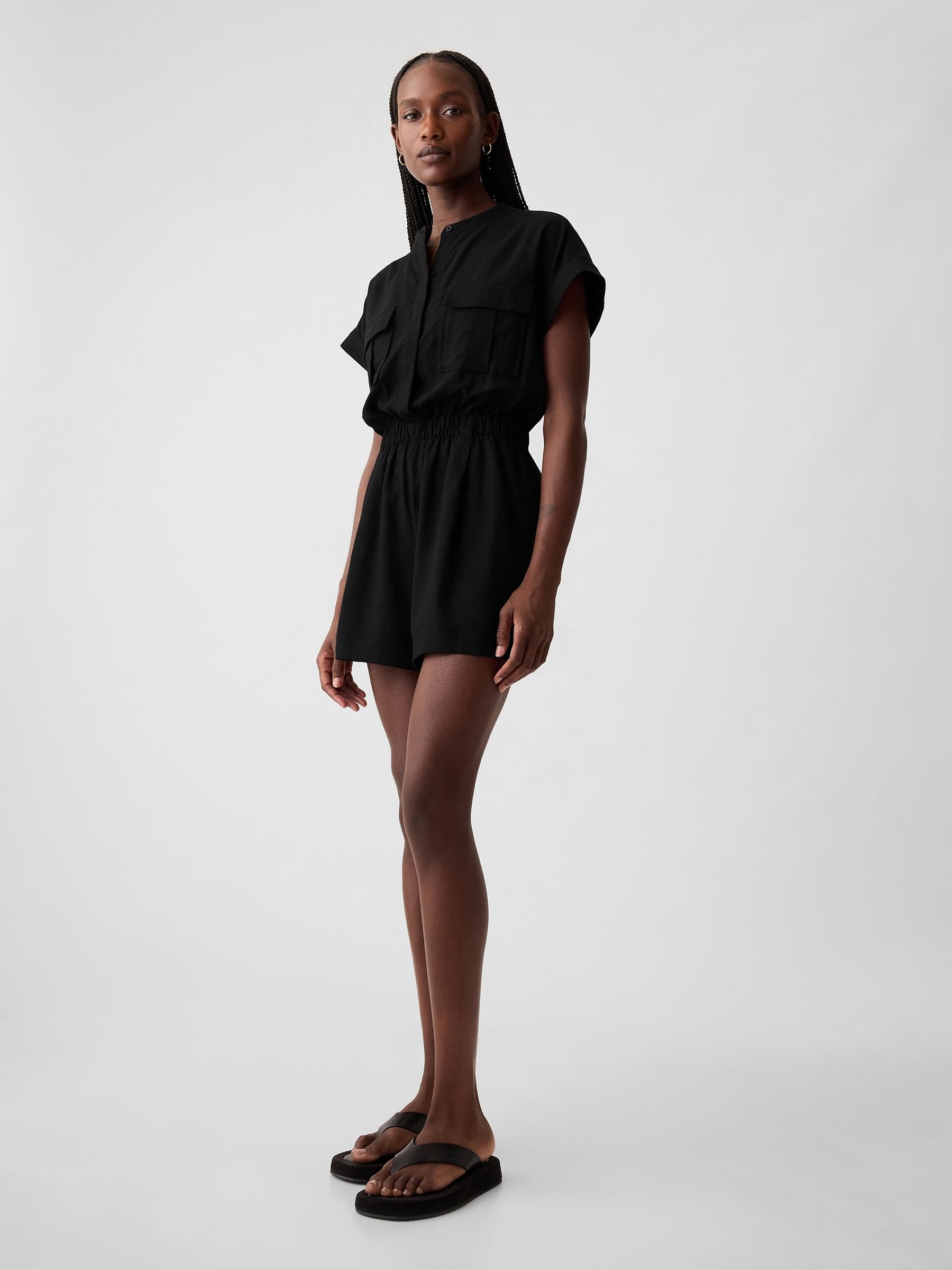 Black Linen Blend Utility Playsuit - Image 4 of 4