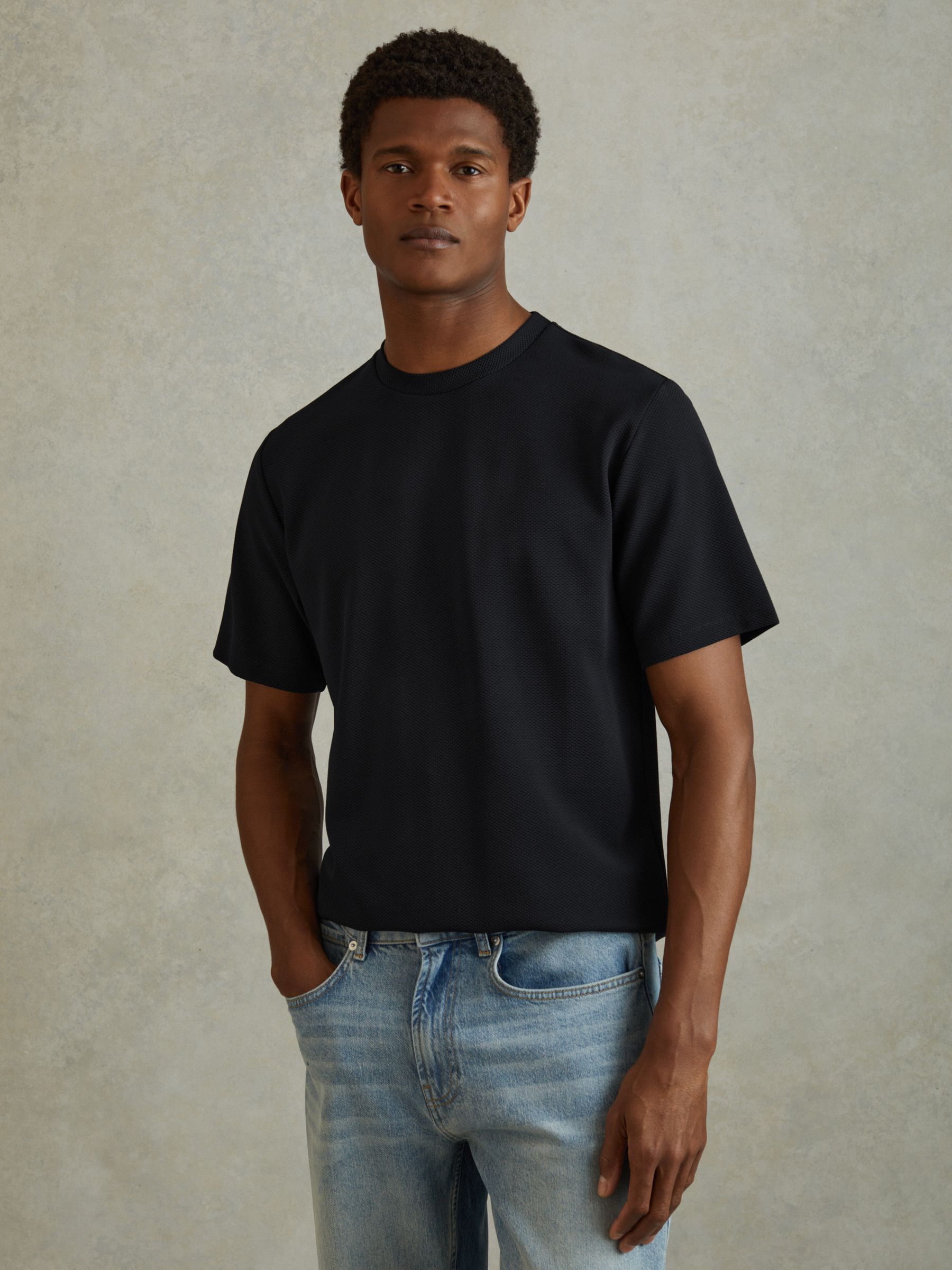 Textured Crew-Neck T-Shirt in Navy - Image 1 of 6