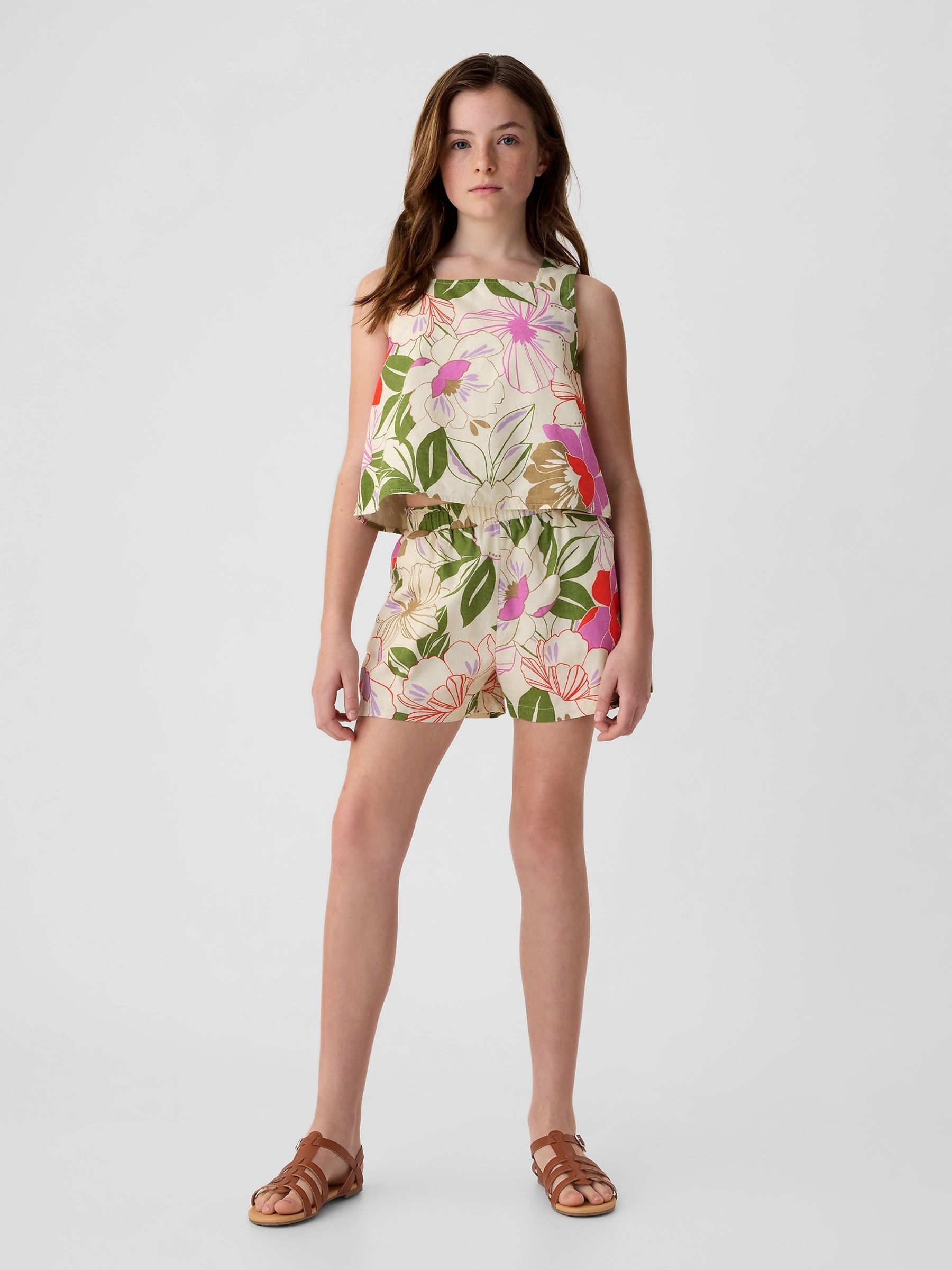 Natural Floral Linen Cotton Square Neck Tank Top (4-13yrs) - Image 1 of 6