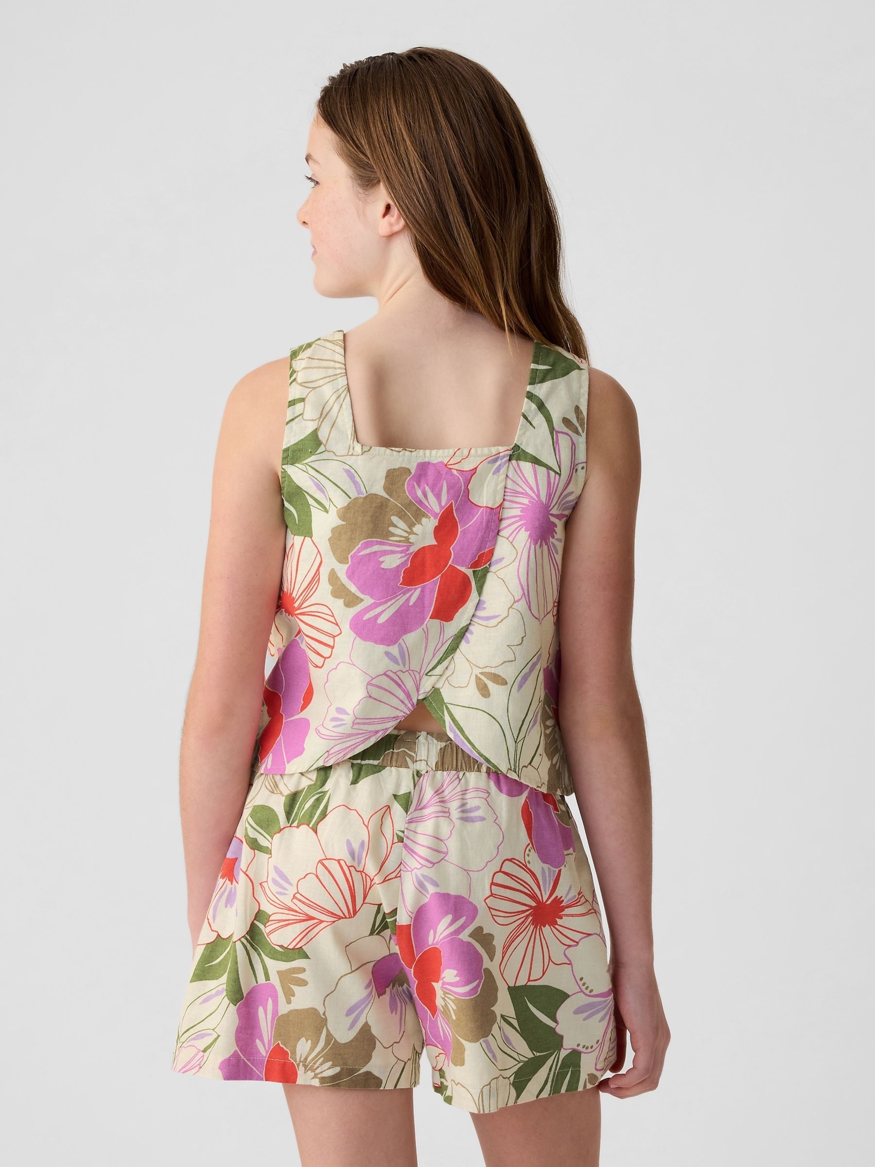 Natural Floral Linen Cotton Square Neck Tank Top (4-13yrs) - Image 2 of 6