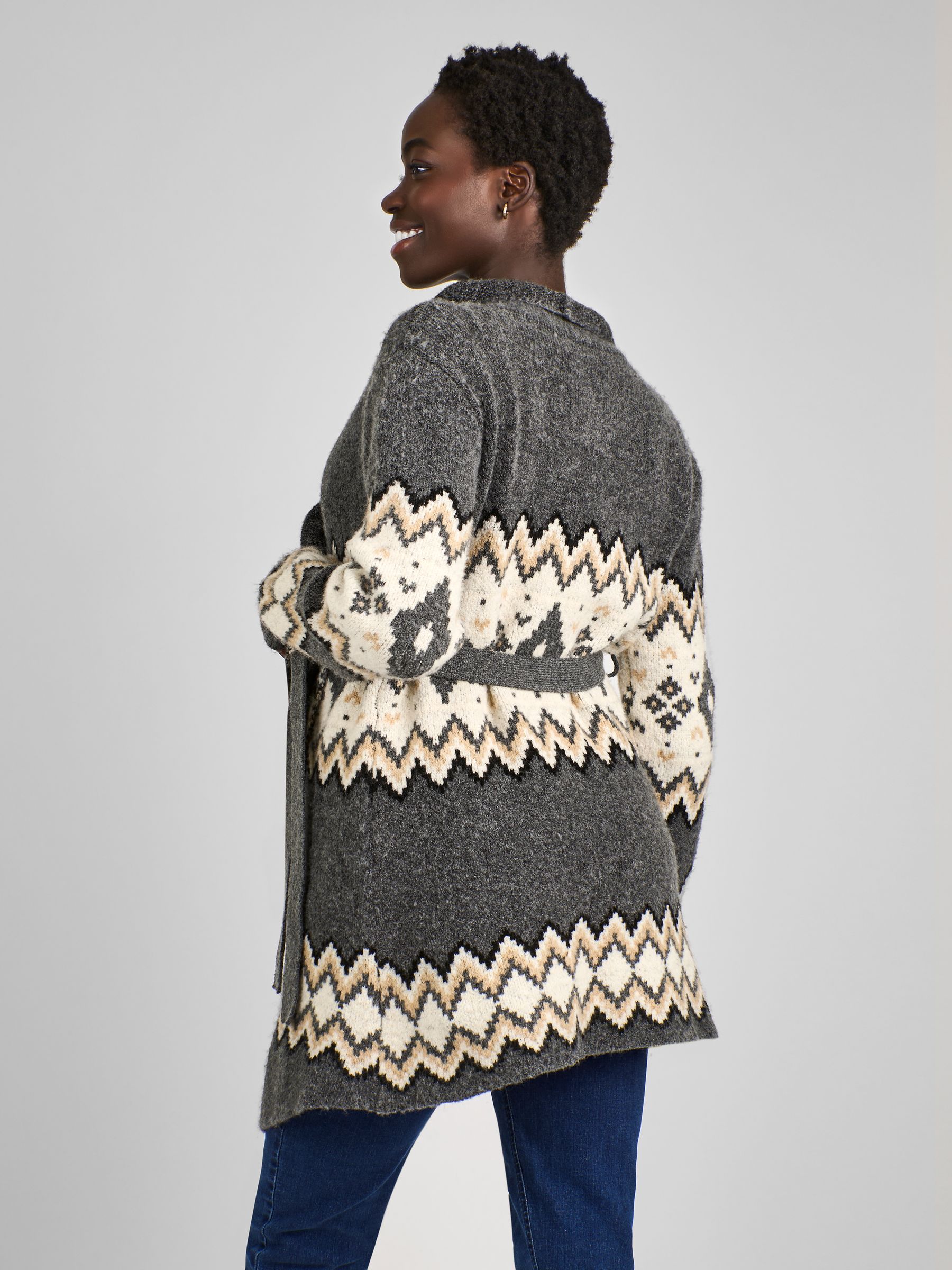 Charcoal Grey Maternity Drape Fair Isle Pattern Cardigan - Image 2 of 6
