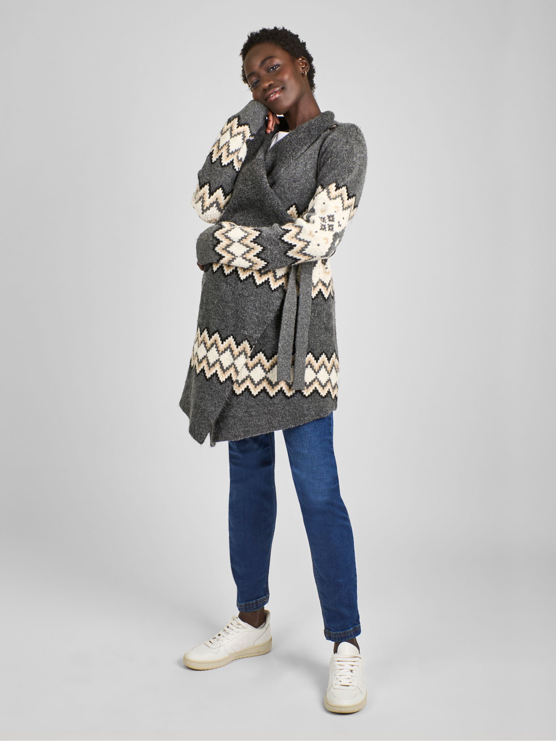 Charcoal Grey Maternity Drape Fair Isle Pattern Cardigan - Image 3 of 6