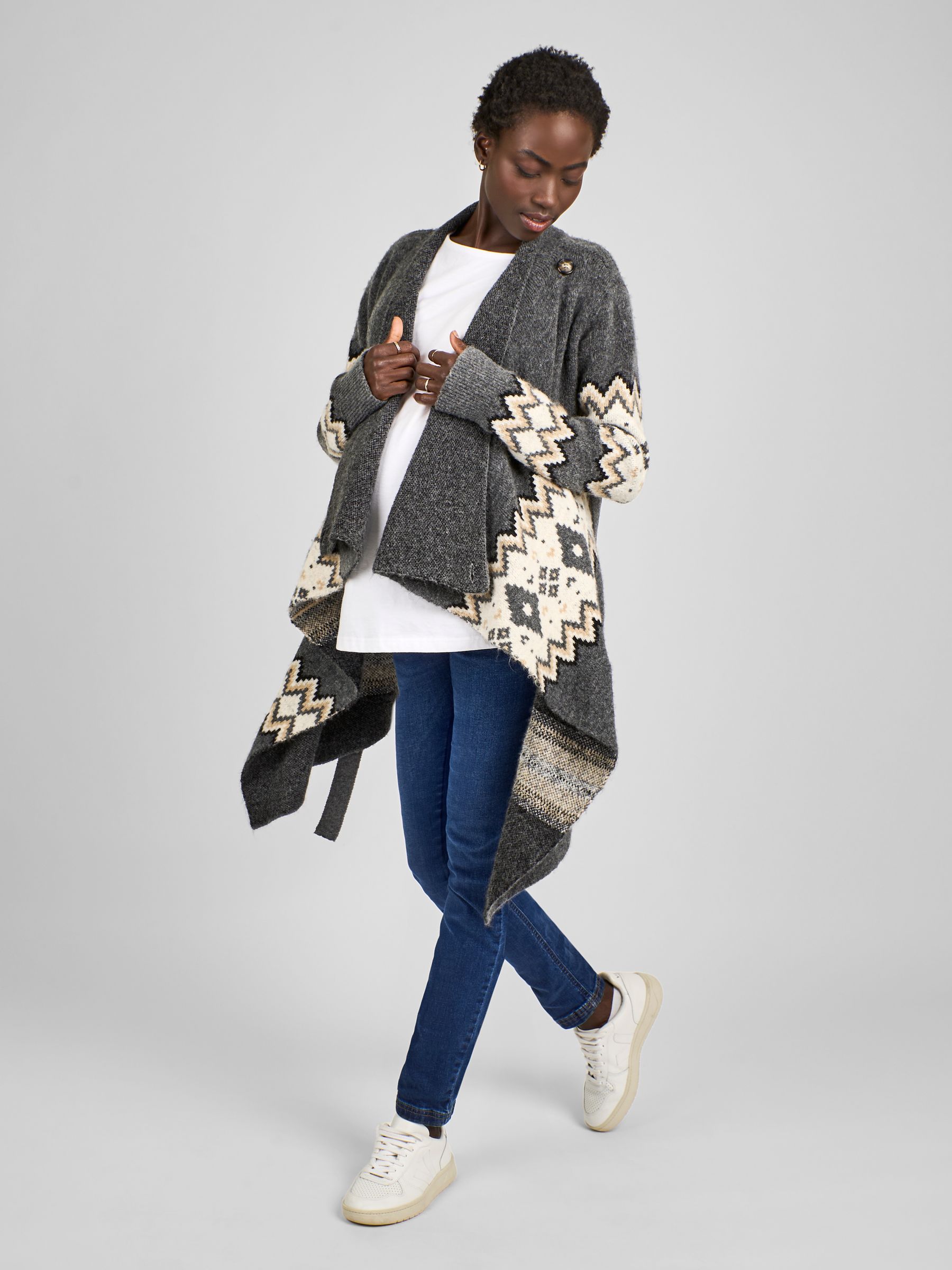 Charcoal Grey Maternity Drape Fair Isle Pattern Cardigan - Image 4 of 6