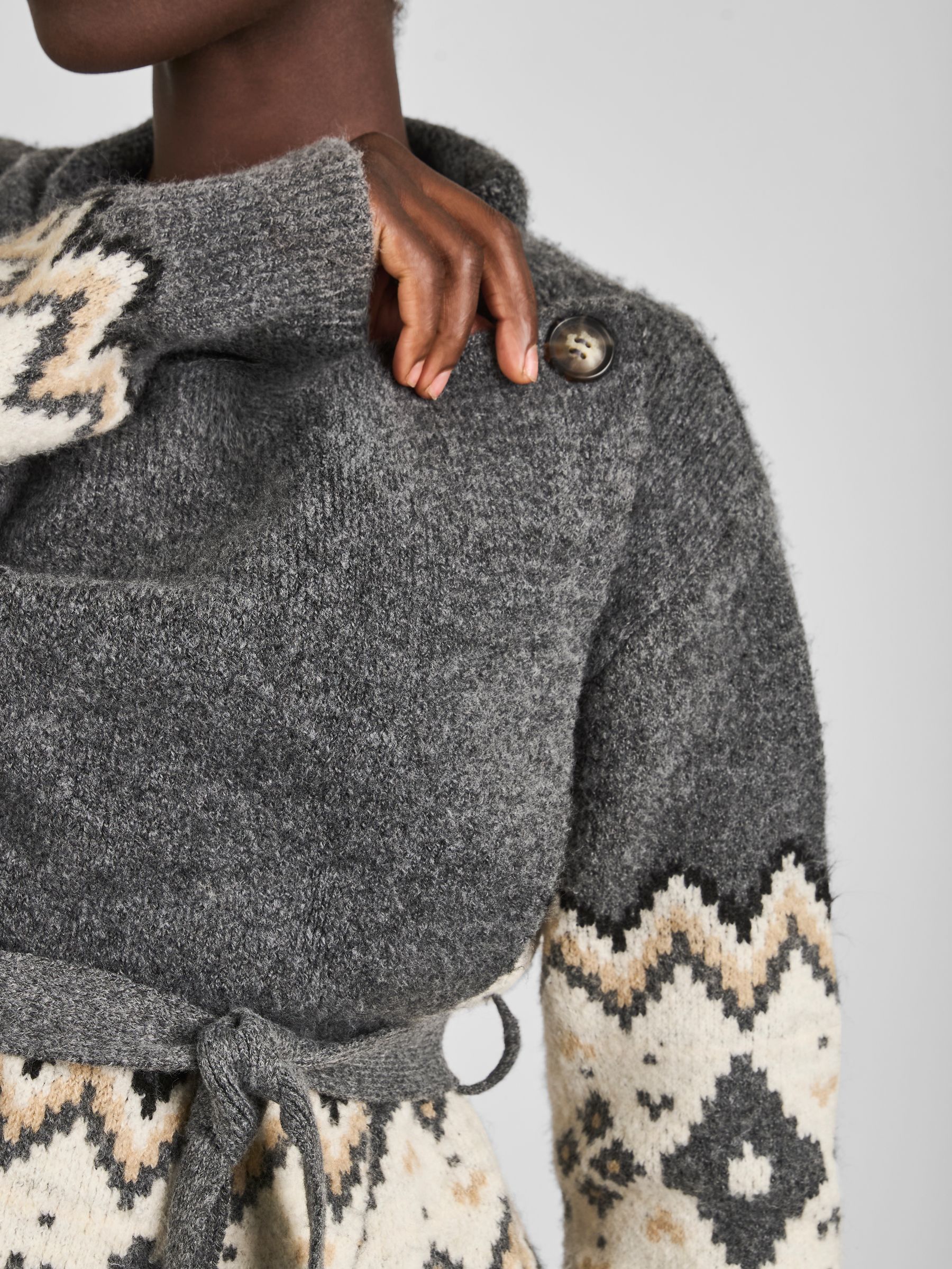 Charcoal Grey Maternity Drape Fair Isle Pattern Cardigan - Image 5 of 6