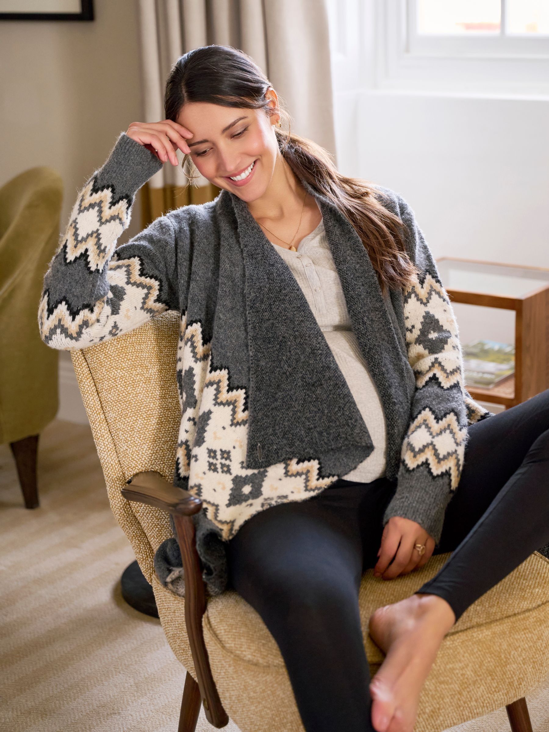 Charcoal Grey Maternity Drape Fair Isle Pattern Cardigan - Image 6 of 6