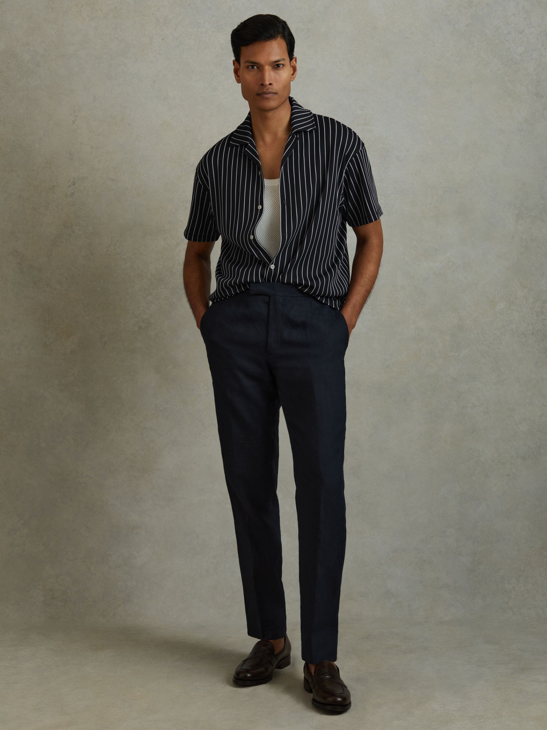 Ribbed Striped Cuban Collar Shirt in Navy/White - Image 1 of 5