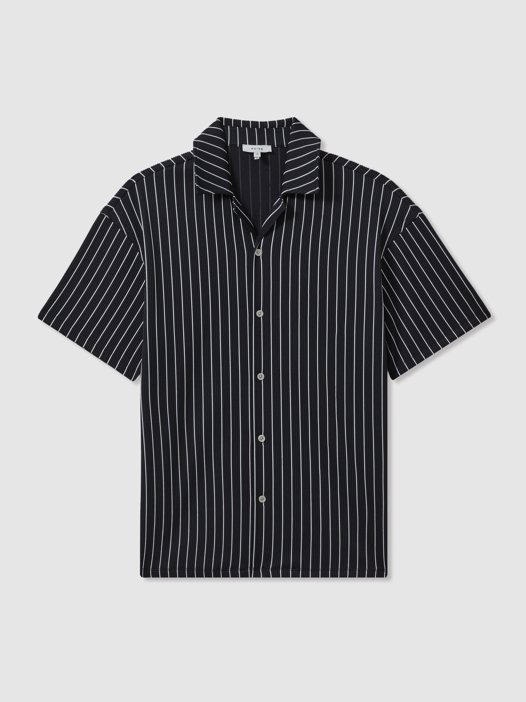 Ribbed Striped Cuban Collar Shirt in Navy/White - Image 2 of 5