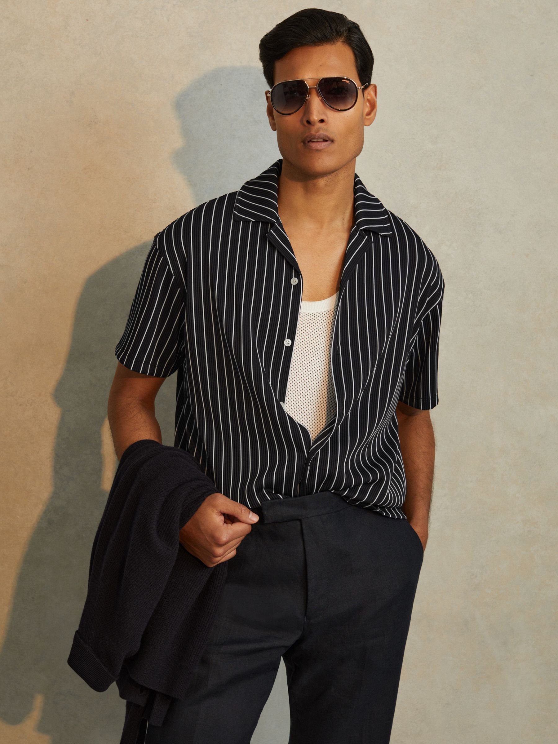 Ribbed Striped Cuban Collar Shirt in Navy/White - Image 3 of 5