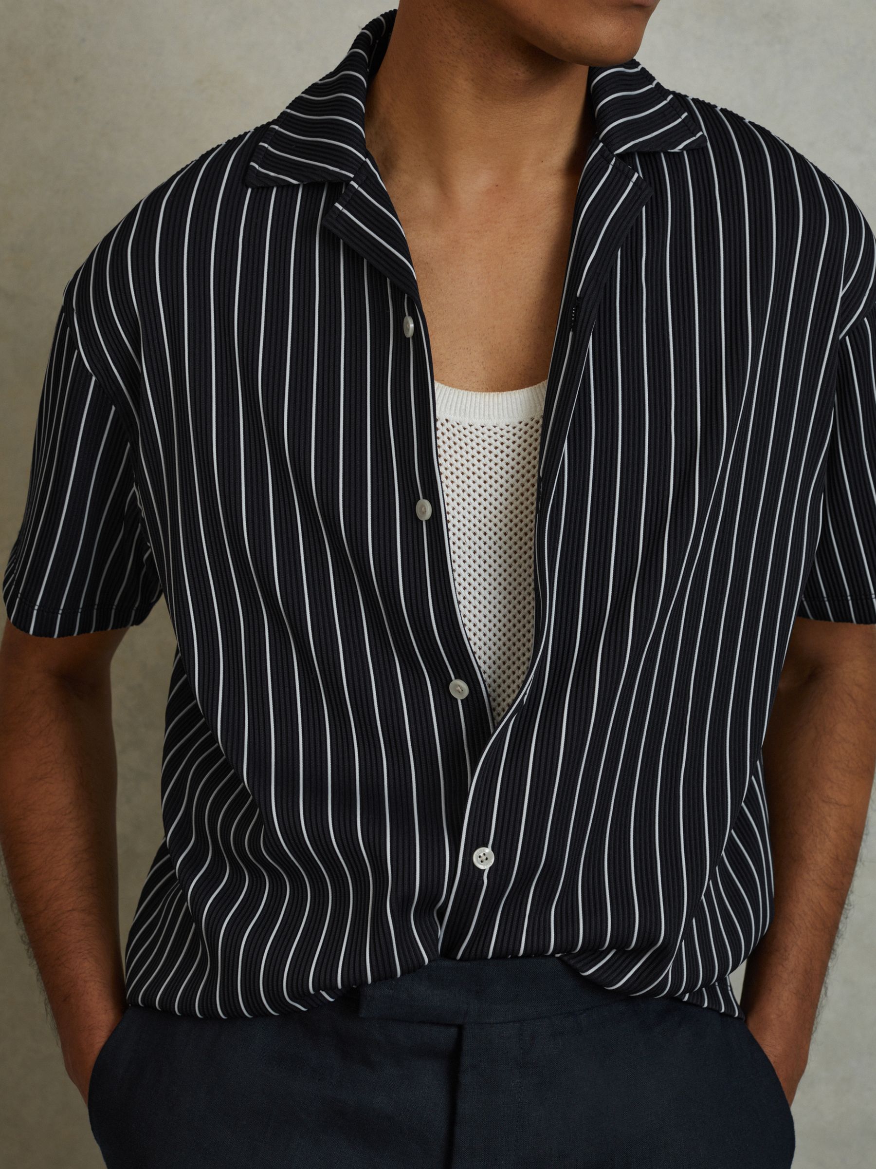 Ribbed Striped Cuban Collar Shirt in Navy/White - Image 4 of 5