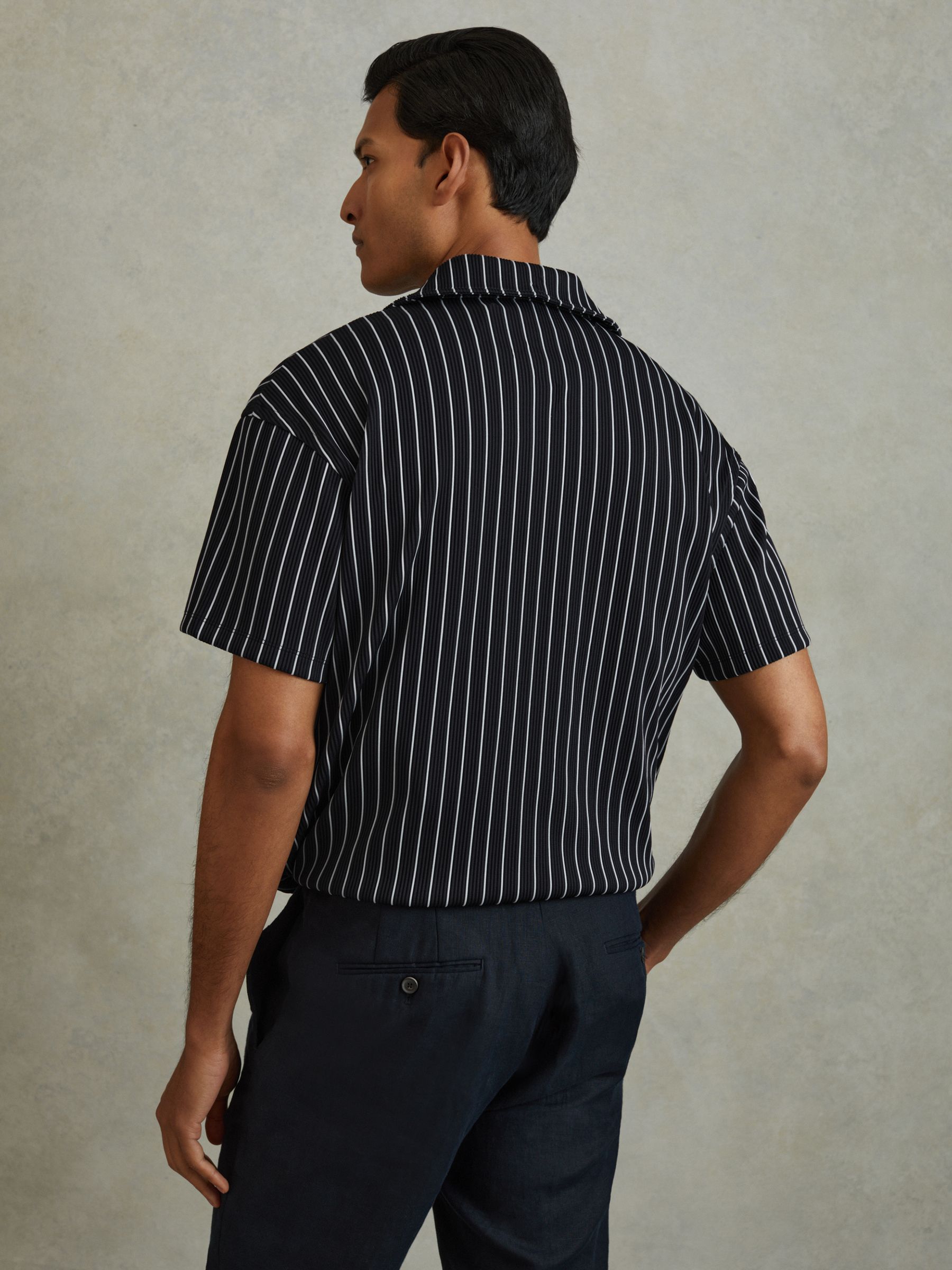 Ribbed Striped Cuban Collar Shirt in Navy/White - Image 5 of 5