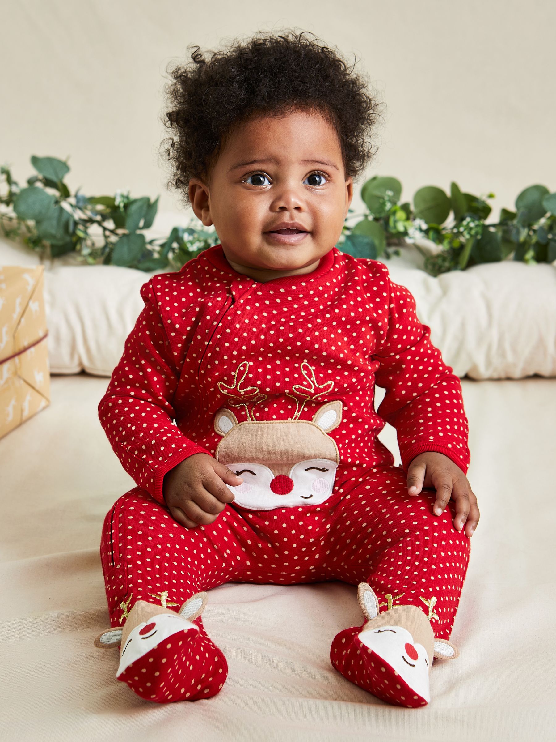 Red Reindeer Cotton Christmas Zip Appliqué Sleepsuit - Image 1 of 5