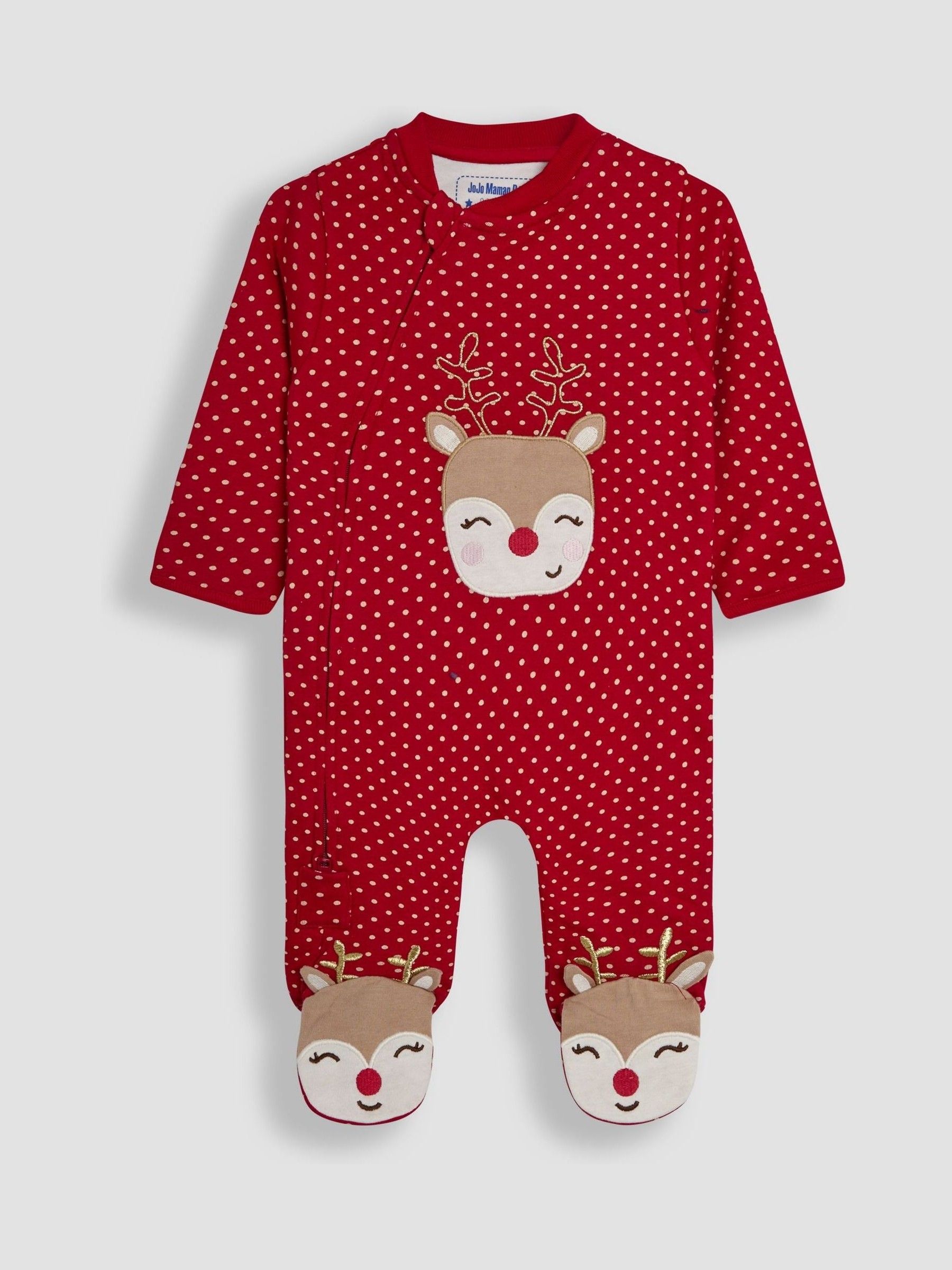Red Reindeer Cotton Christmas Zip Appliqué Sleepsuit - Image 3 of 5
