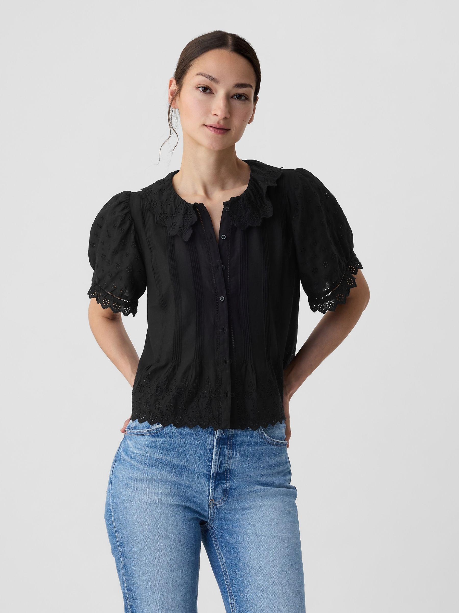 Black DÔEN Cropped Eyelet Short Sleeve Blouse - Image 1 of 5
