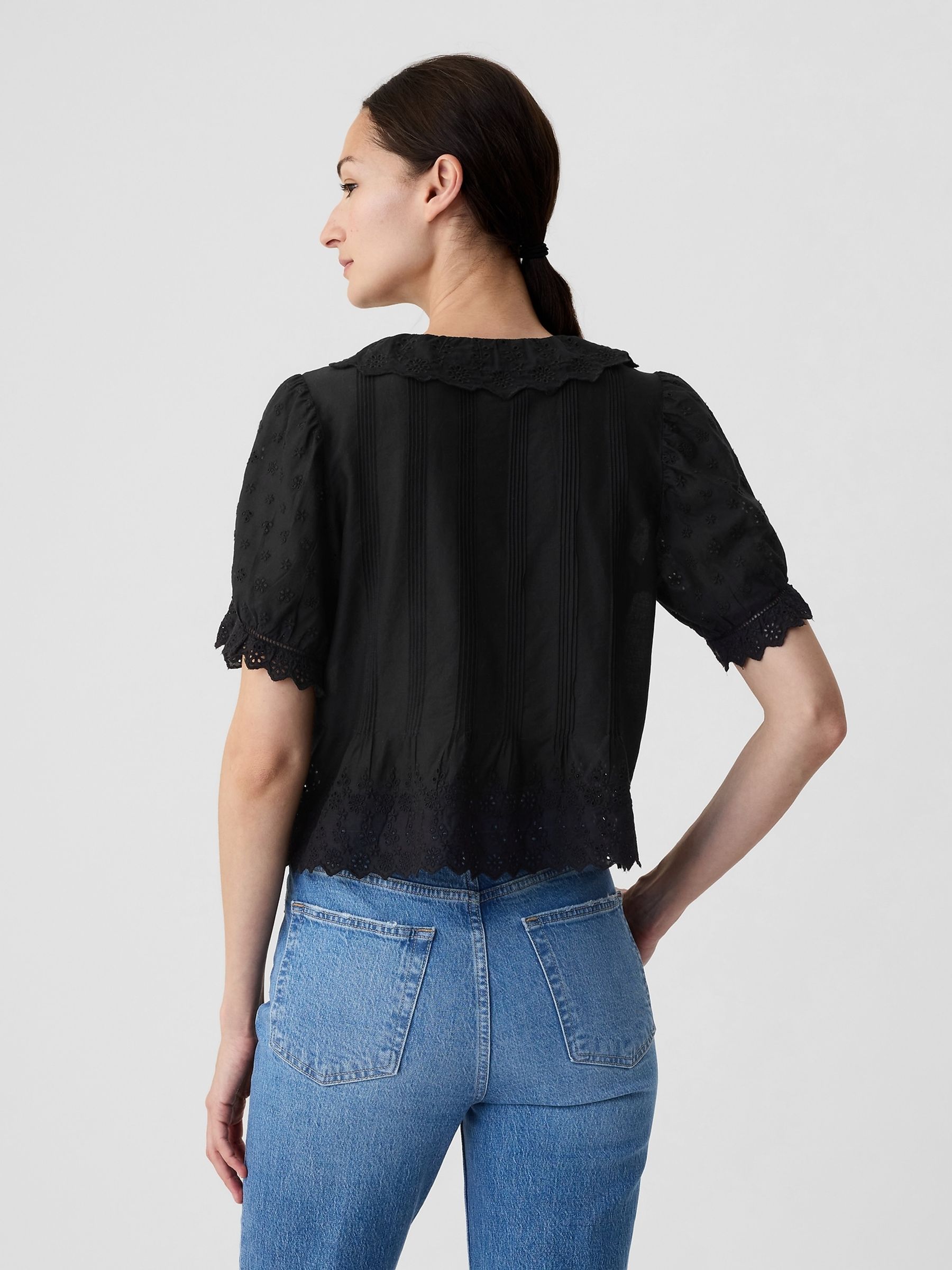 Black DÔEN Cropped Eyelet Short Sleeve Blouse - Image 2 of 5