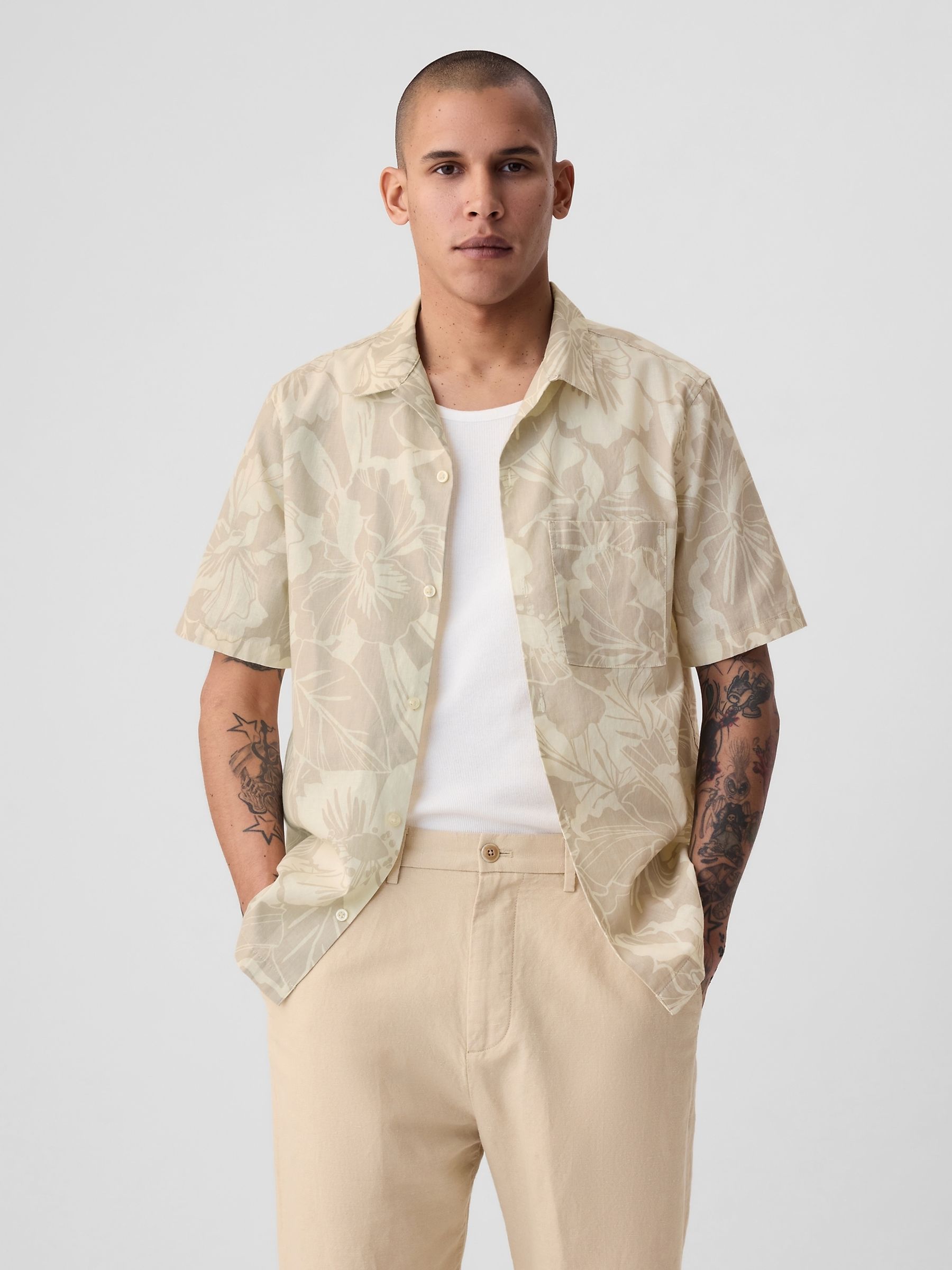 Beige Linen Cotton Short Sleeve Shirt - Image 1 of 4