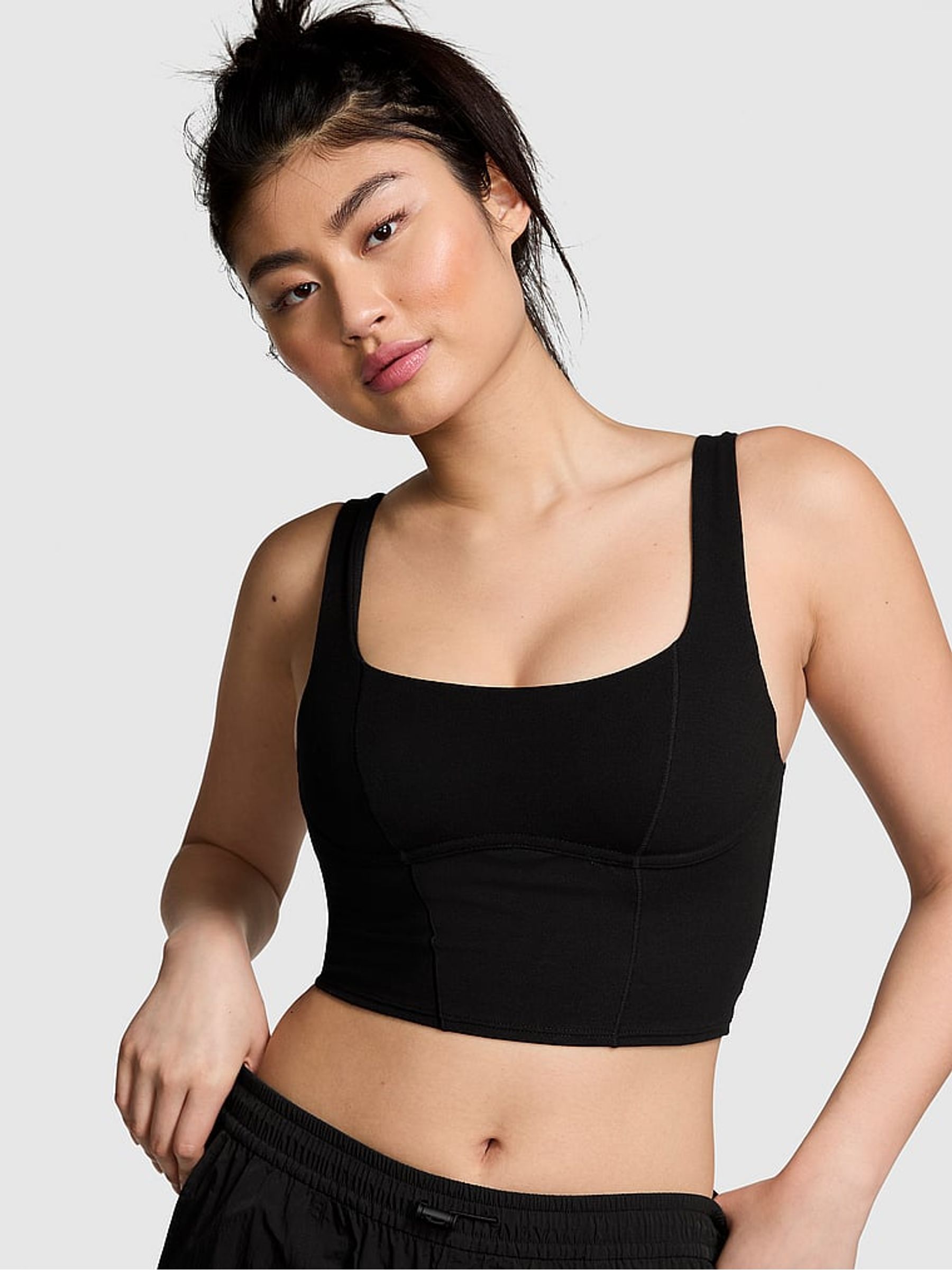 Black Shine Cotton Scoop Sports Bra Top - Image 1 of 3