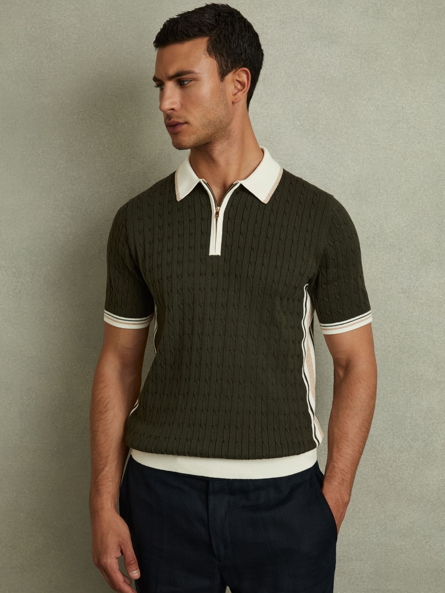 Cotton Blend Cable Knit Half-Zip Polo Shirt in Khaki Green/Off White/Camel - Image 1 of 6