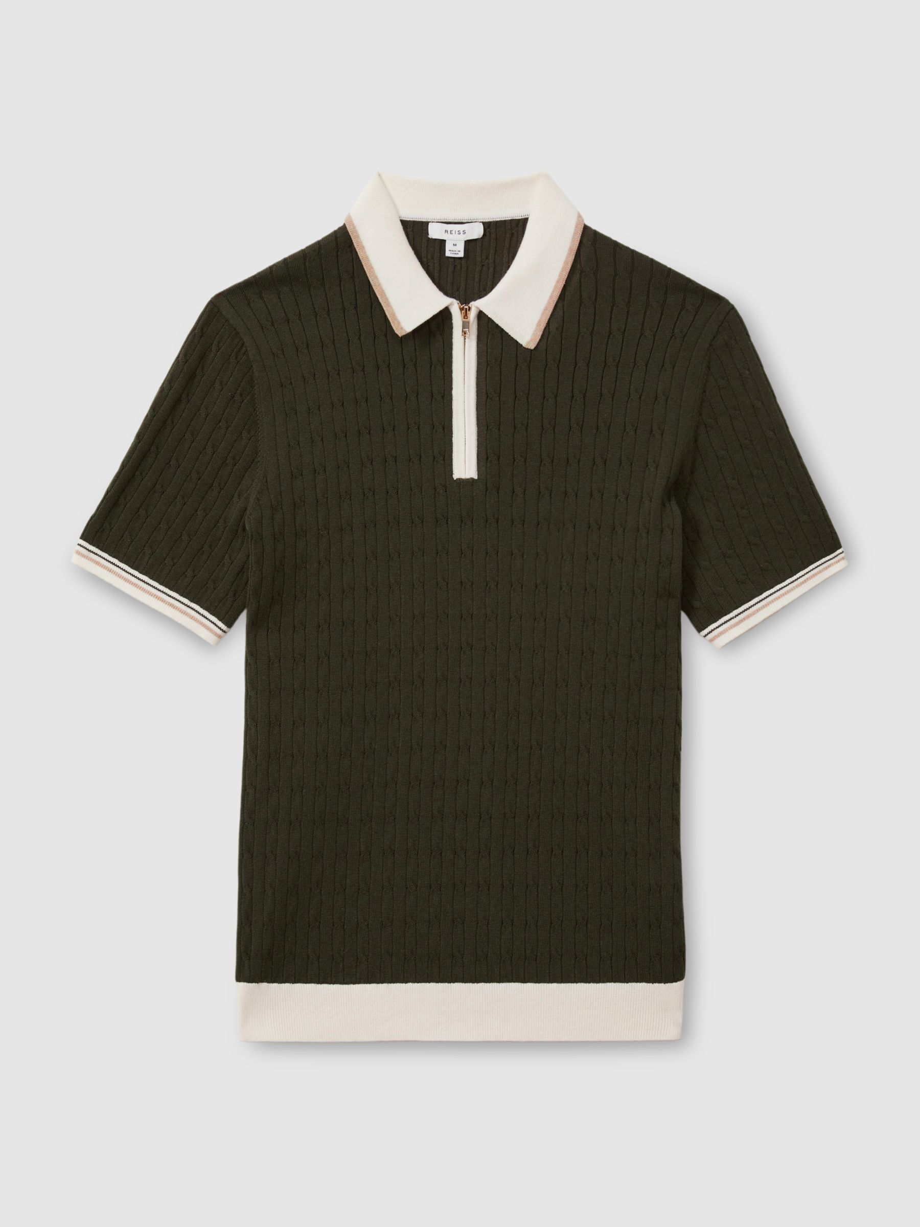 Cotton Blend Cable Knit Half-Zip Polo Shirt in Khaki Green/Off White/Camel - Image 2 of 6