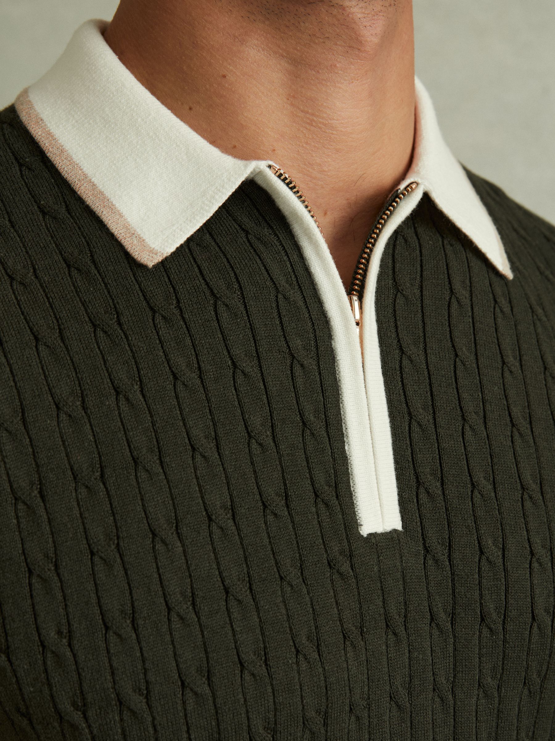 Cotton Blend Cable Knit Half-Zip Polo Shirt in Khaki Green/Off White/Camel - Image 3 of 6