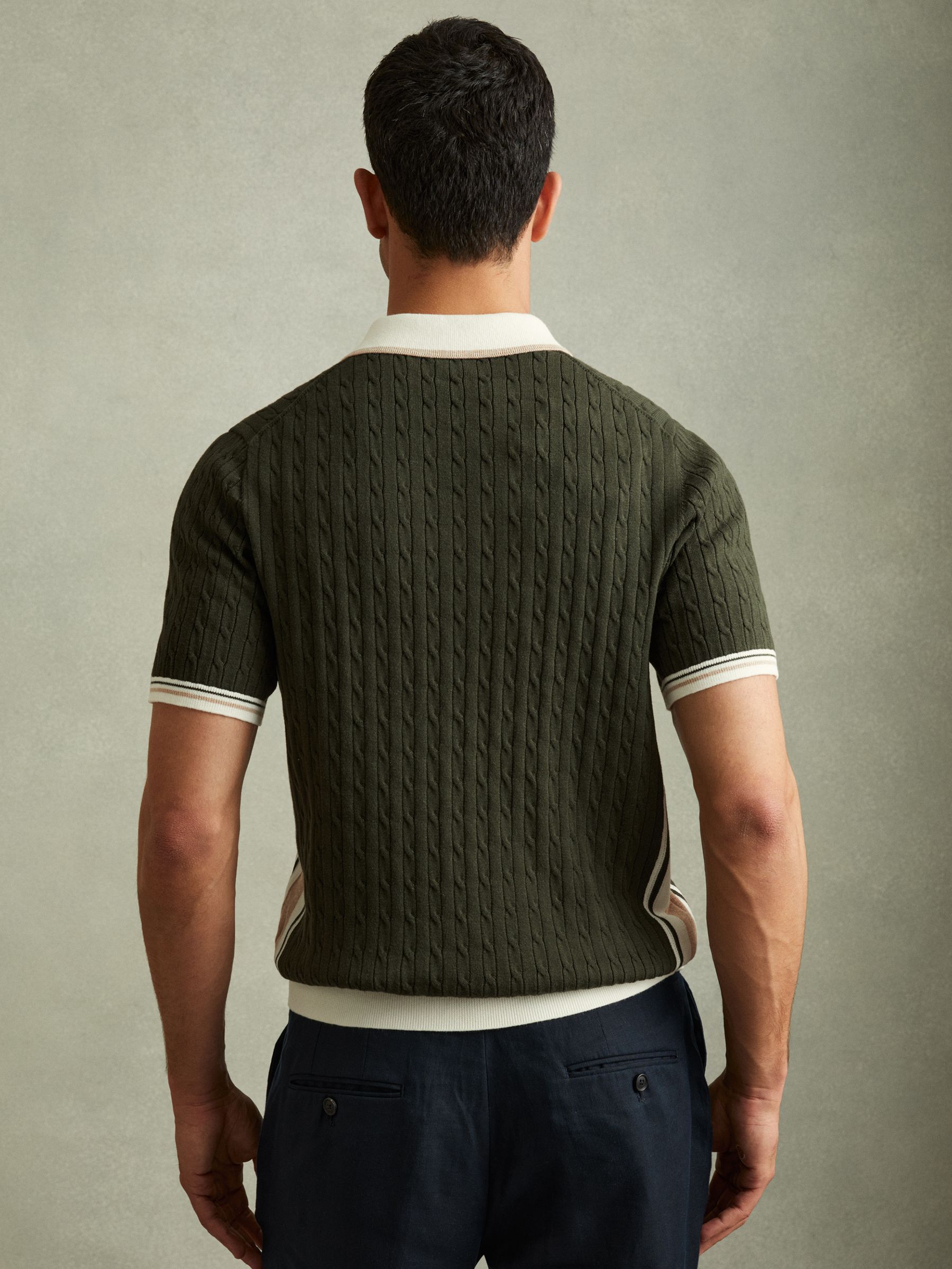 Cotton Blend Cable Knit Half-Zip Polo Shirt in Khaki Green/Off White/Camel - Image 4 of 6