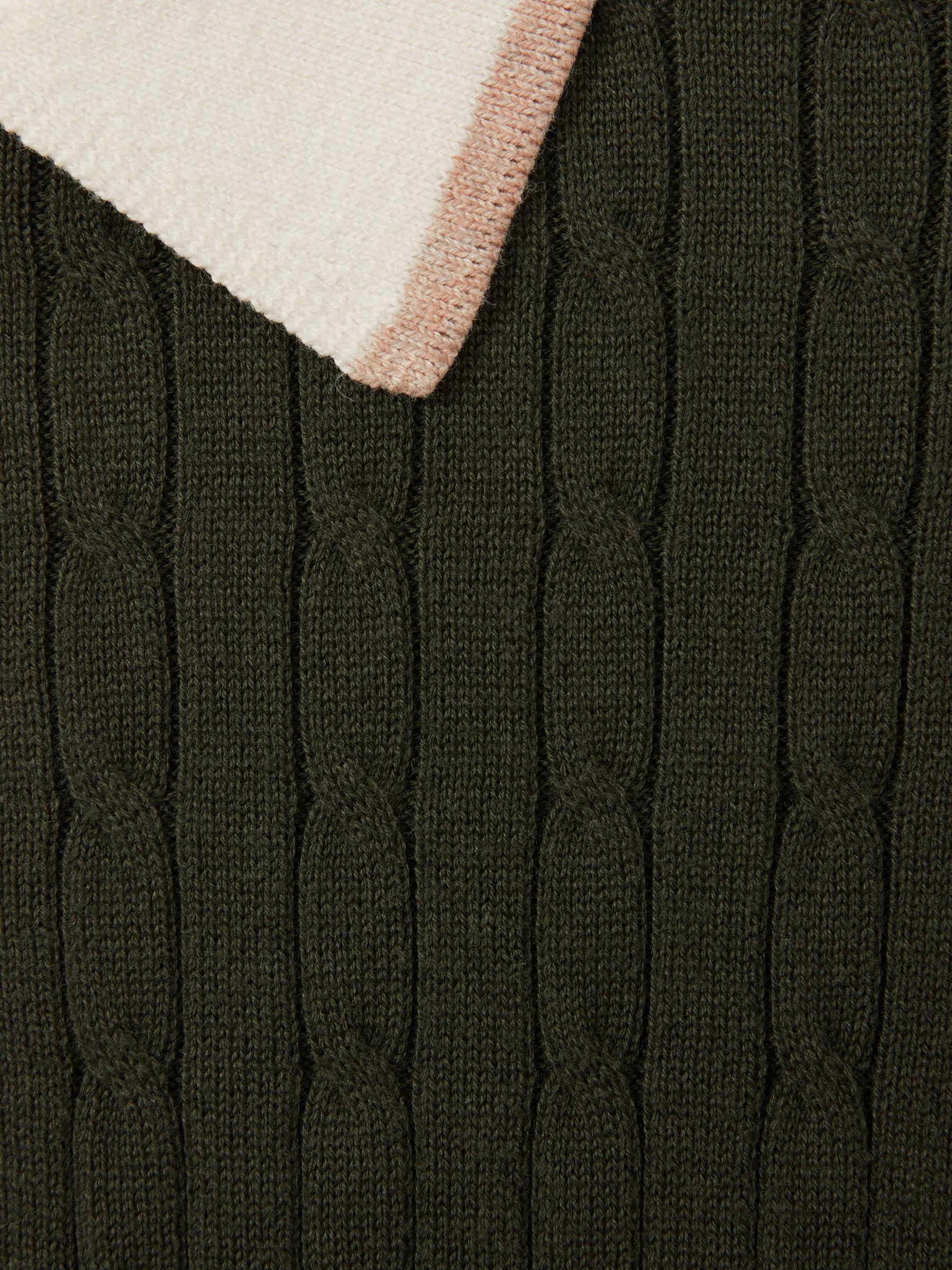 Cotton Blend Cable Knit Half-Zip Polo Shirt in Khaki Green/Off White/Camel - Image 6 of 6