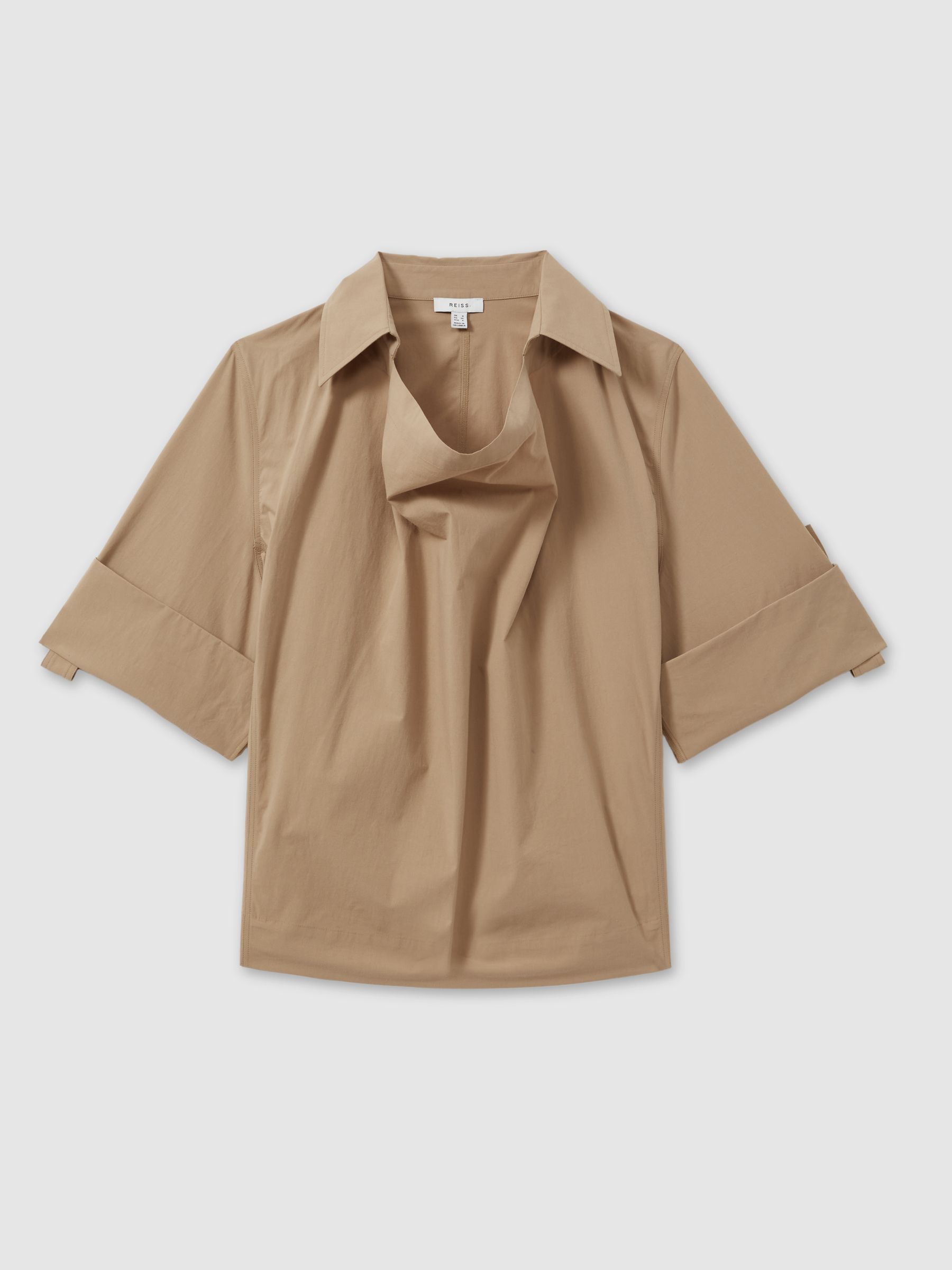 Cotton Blend Collared Cowl Neck Shirt in Stone - Image 2 of 5