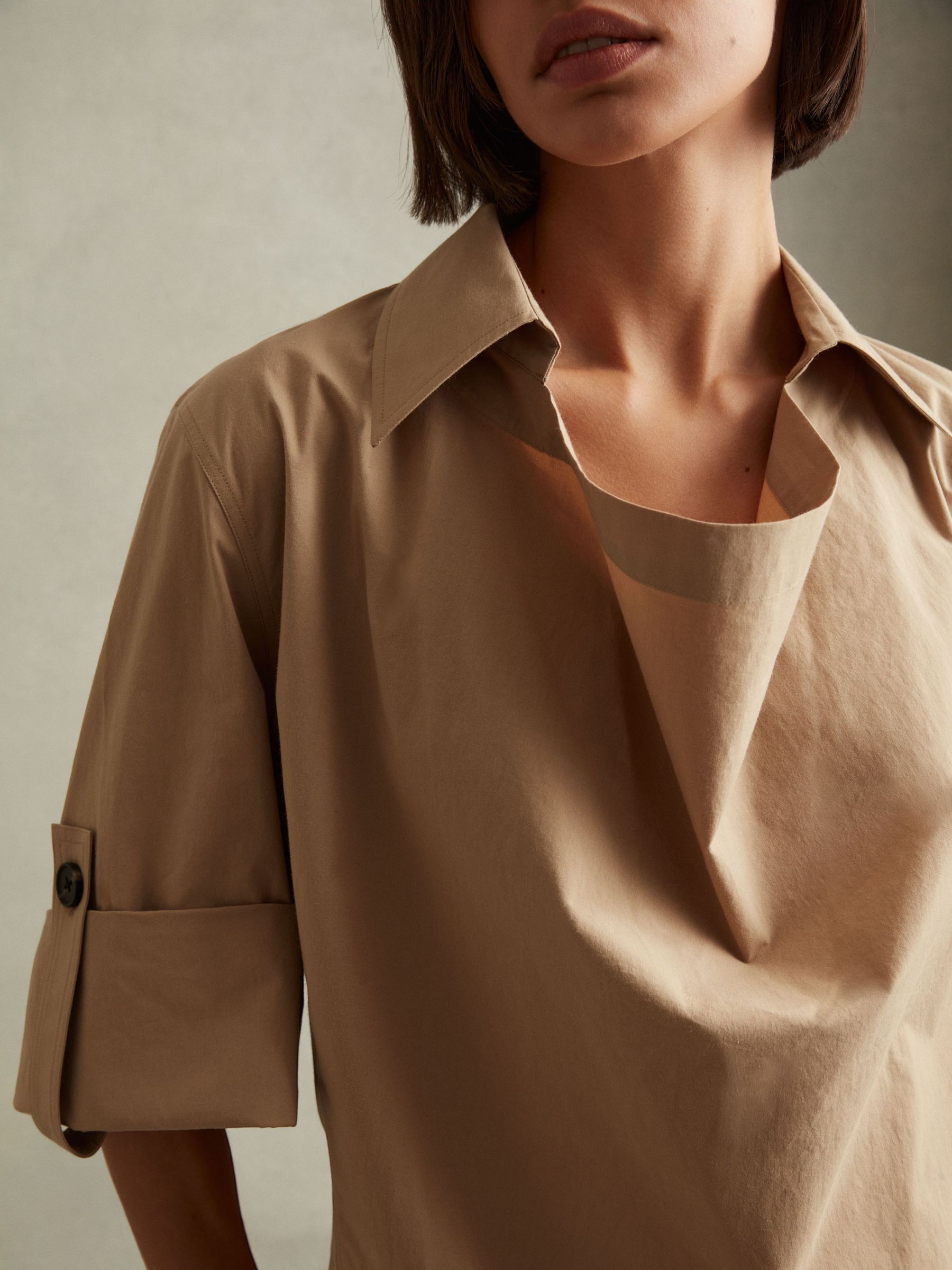 Cotton Blend Collared Cowl Neck Shirt in Stone - Image 3 of 5