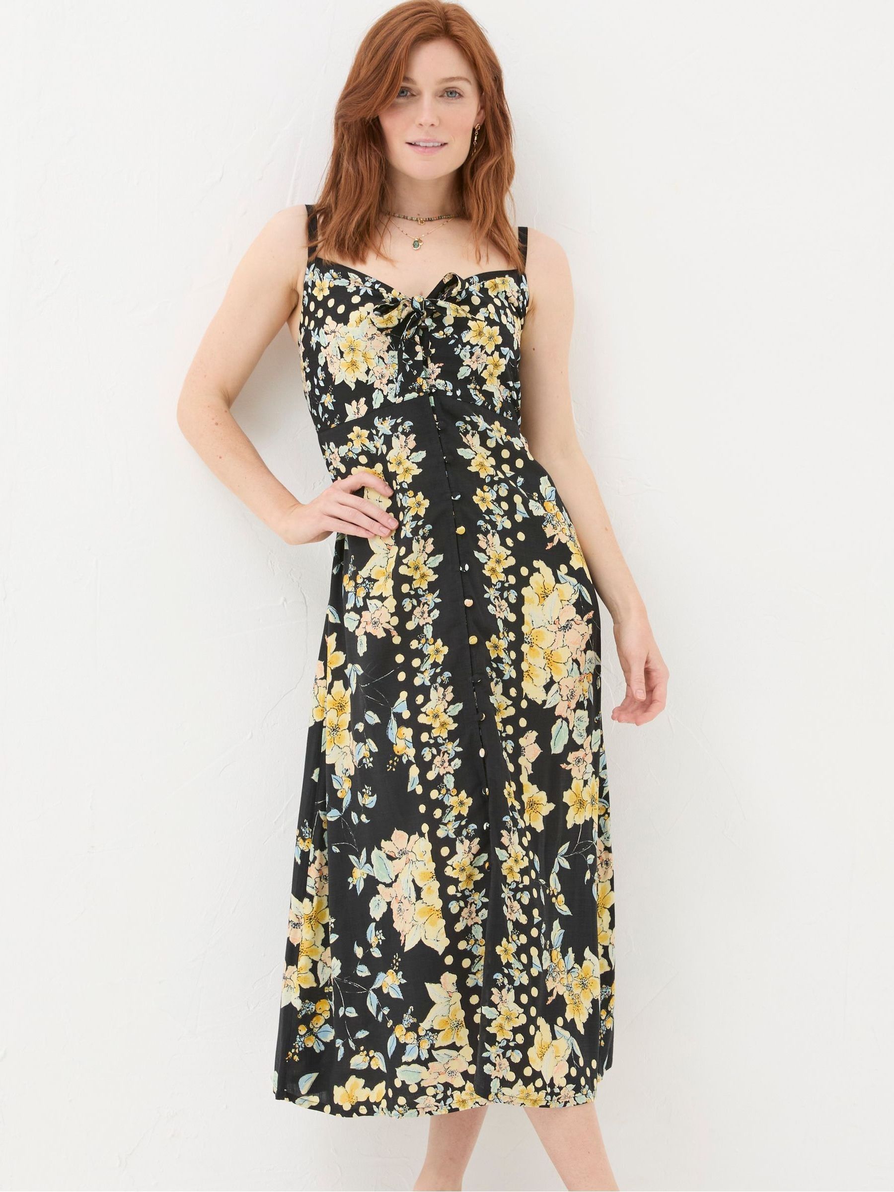 knee length dresses for ladies Printed Silk Chiffon Draped Midi Dress 34 (FR) / Black/Yellow main image 0