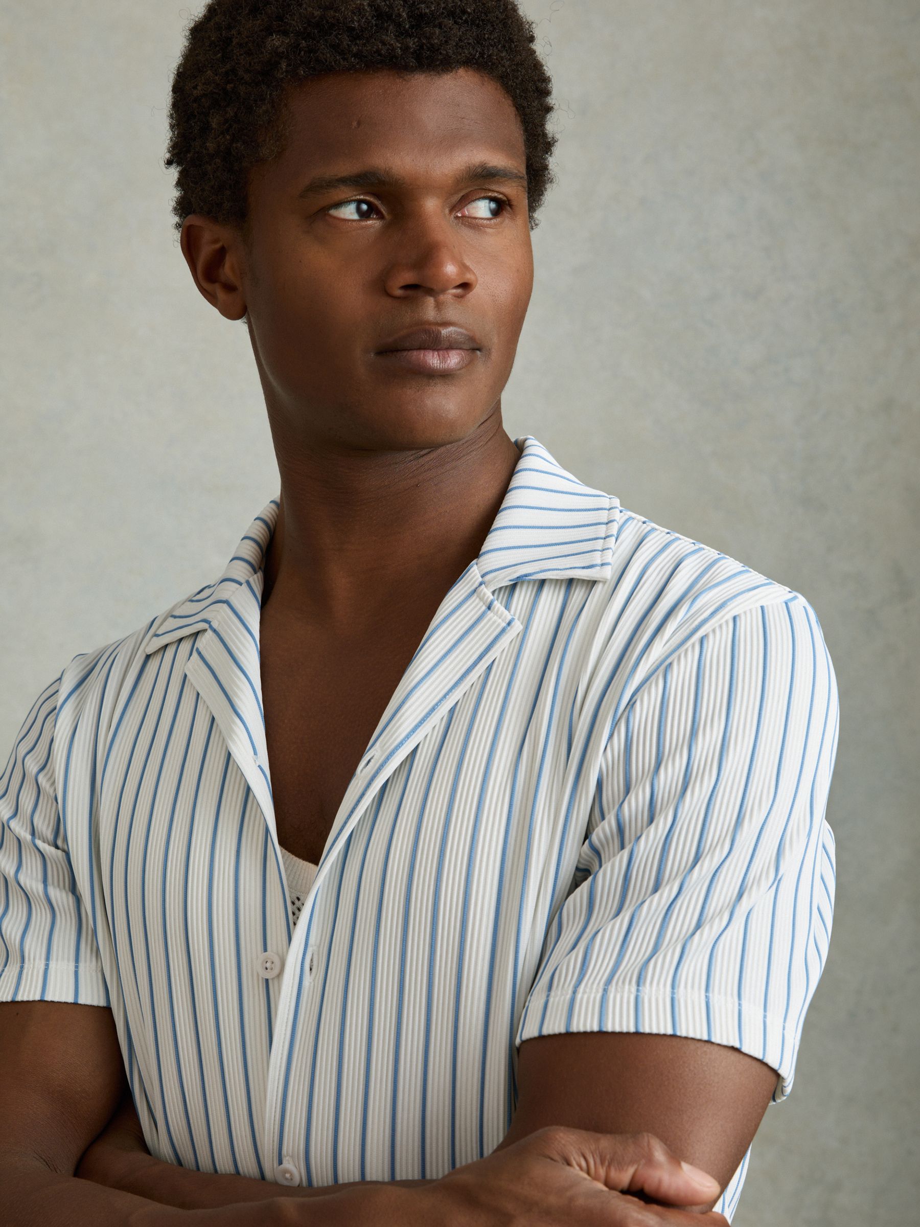 Ribbed Striped Cuban Collar Shirt in White/Soft Blue - Image 3 of 5