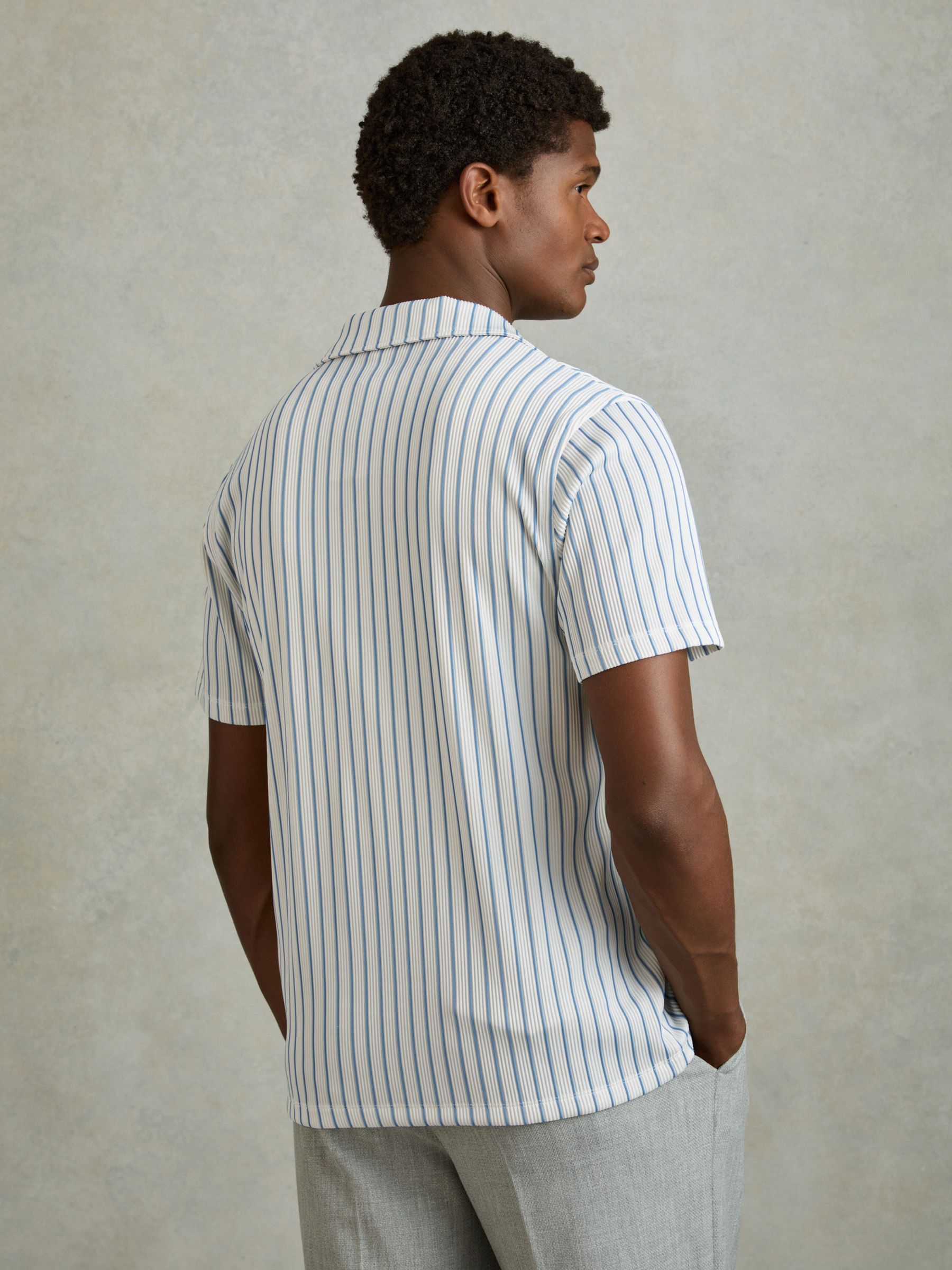 Ribbed Striped Cuban Collar Shirt in White/Soft Blue - Image 4 of 5