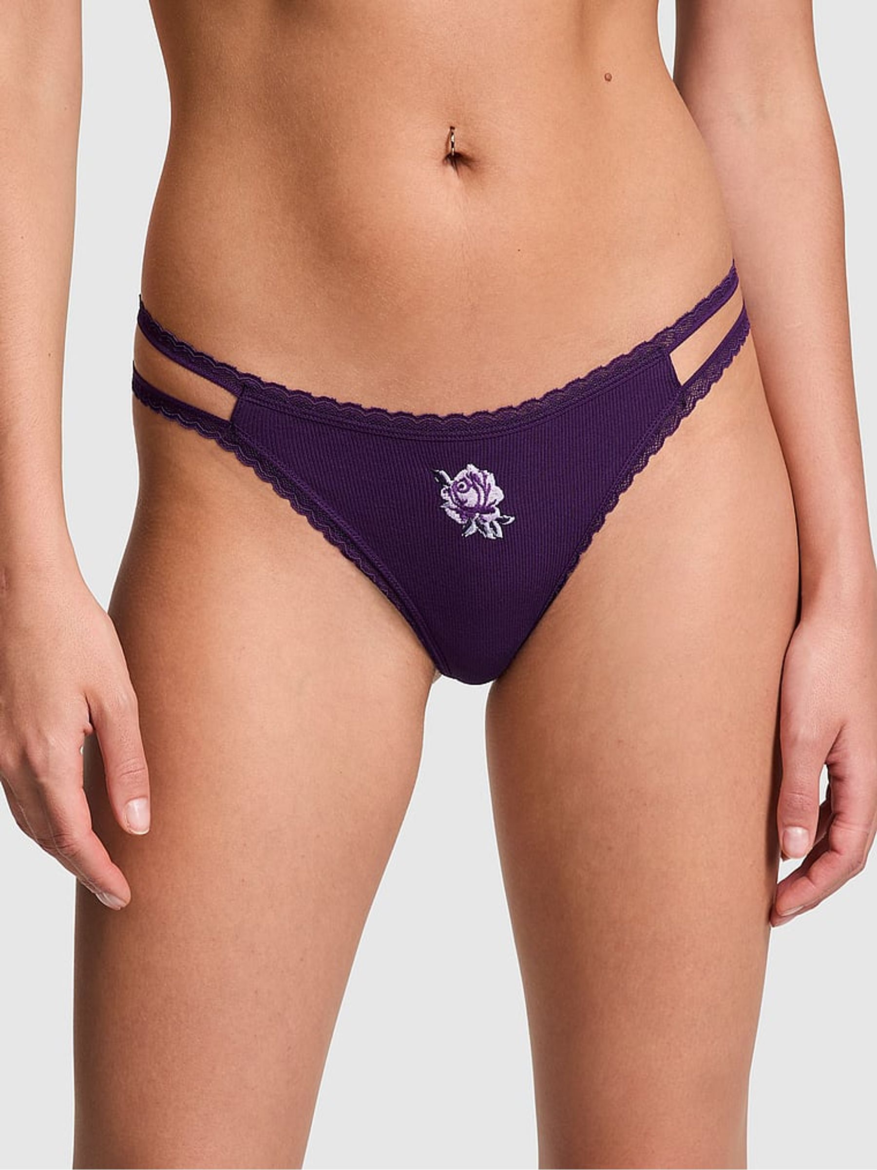 Plum Purple Rib Strappy Lace Trim Thong Knickers - Image 1 of 1